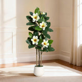 Garvee Ficus Lyrata Artificiale 120cm con Fiori Magnolia, Vaso Bianco, Foglie Silicone, Trunk Multiplo, Decorazione Interni Casa Ufficio - White
