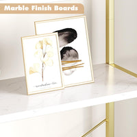 Libreria Garvee a 5 ripiani con struttura in metallo arcuato, moderno scaffale in legno, bianco/oro, ampio scaffale portaoggetti per soggiorno e ufficio