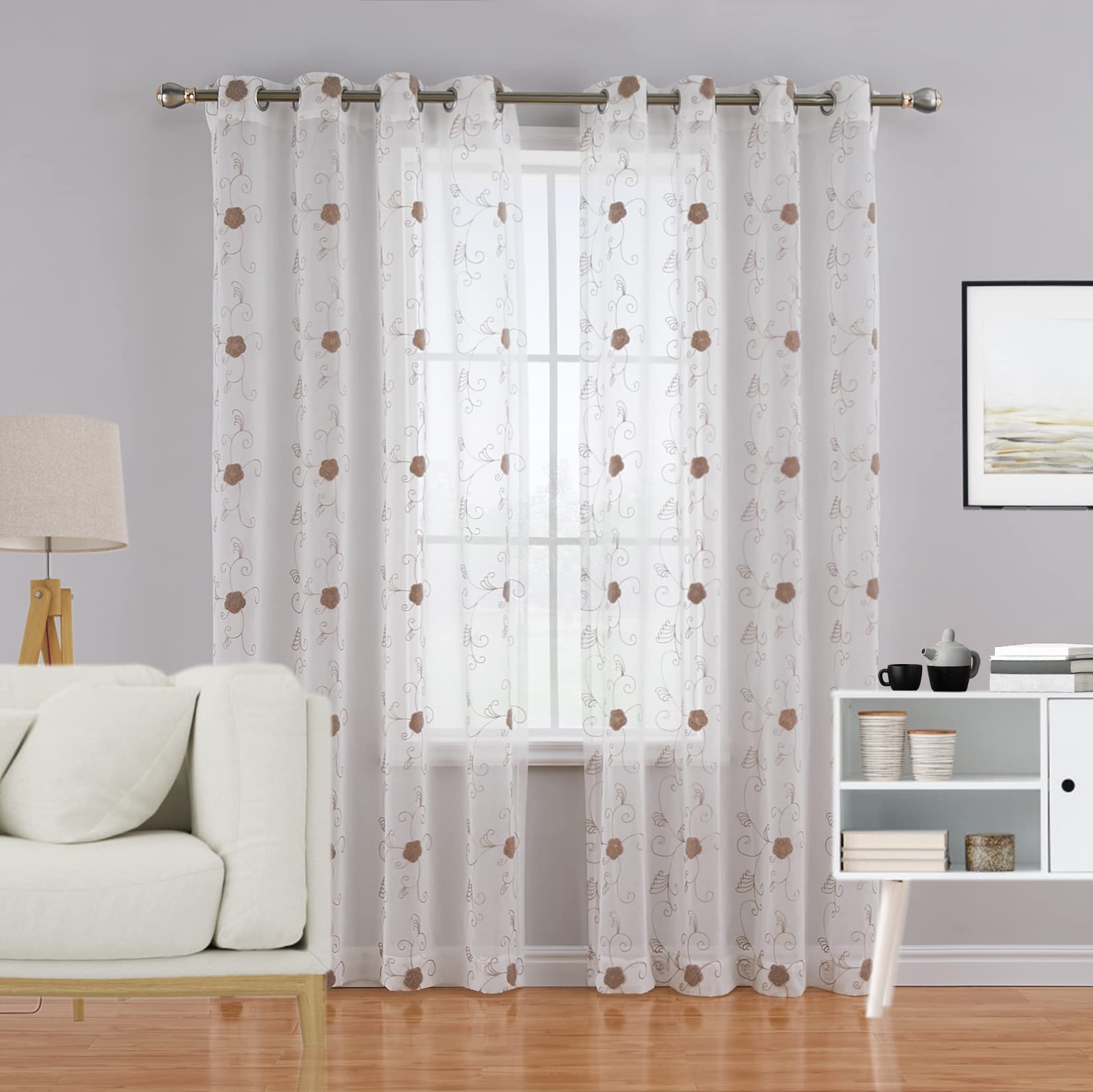 Tende in voile GARVEE con motivo floreale, semitrasparenti, in poliestere leggero, marrone, 140x245 cm, per cucina e bagno