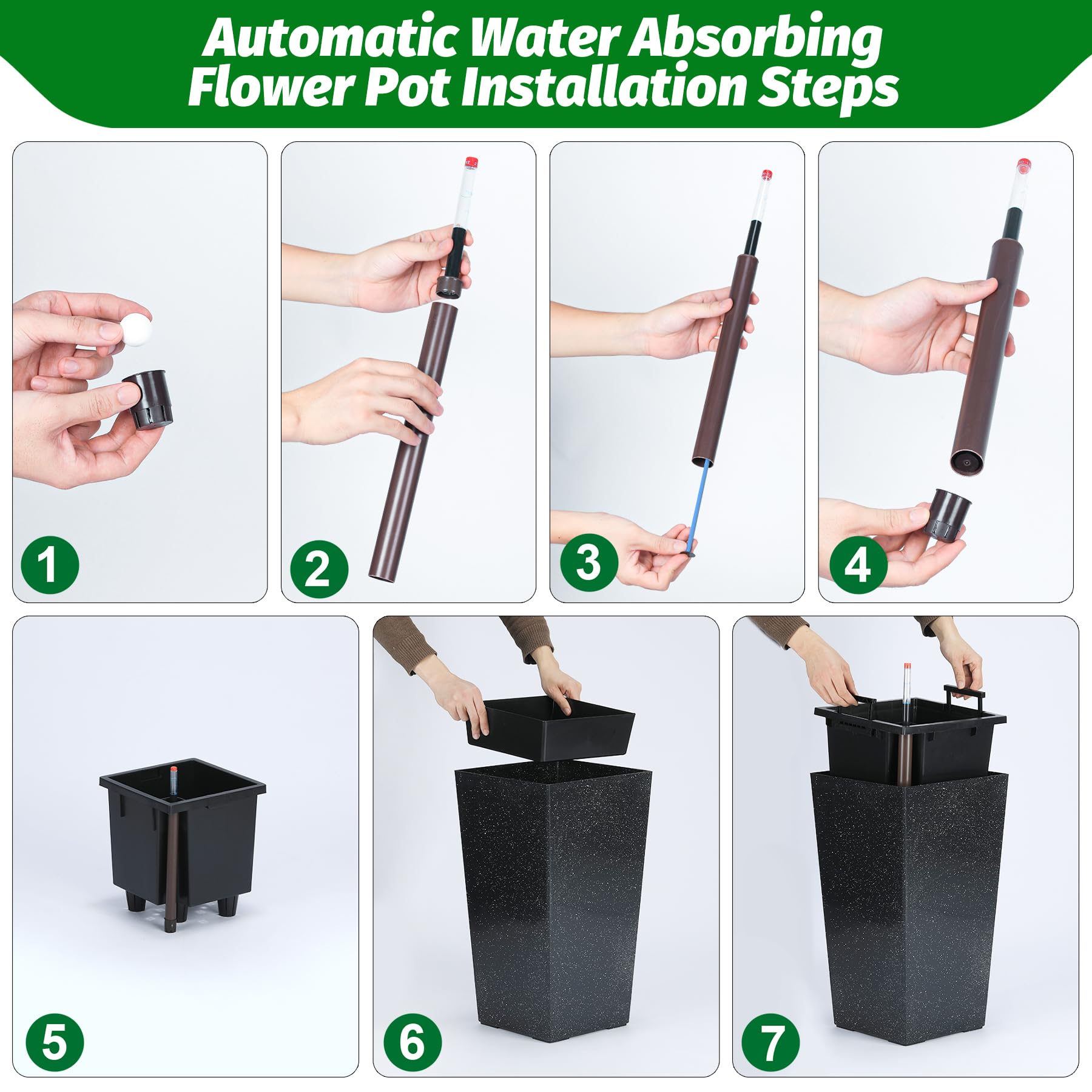 Garvee Set di 2 fioriere alte 57.15 cm con irrigazione automatica e monitor del livello dell'acqua per balcone e terrazza, pois bianchi e neri, plastica resistente alle intemperie