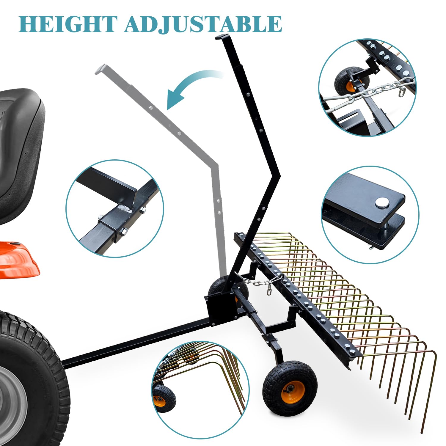 Rastrello per Paglia Garvee Pine 60" - Ideale per Festa del Papà | 24 Denti Acciaio, Telaio Robusto, Maniglia per ATV/Tosaerba, Cura Prato Foglie Aghi