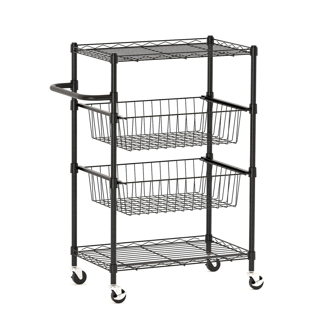 Carrello da cucina in metallo Garvee a 4 ripiani con maniglia, capacità di carico 110 libbre, ripiani in filo metallico aperto, 2 ruote bloccabili, utilizzo versatile, metallo, argento