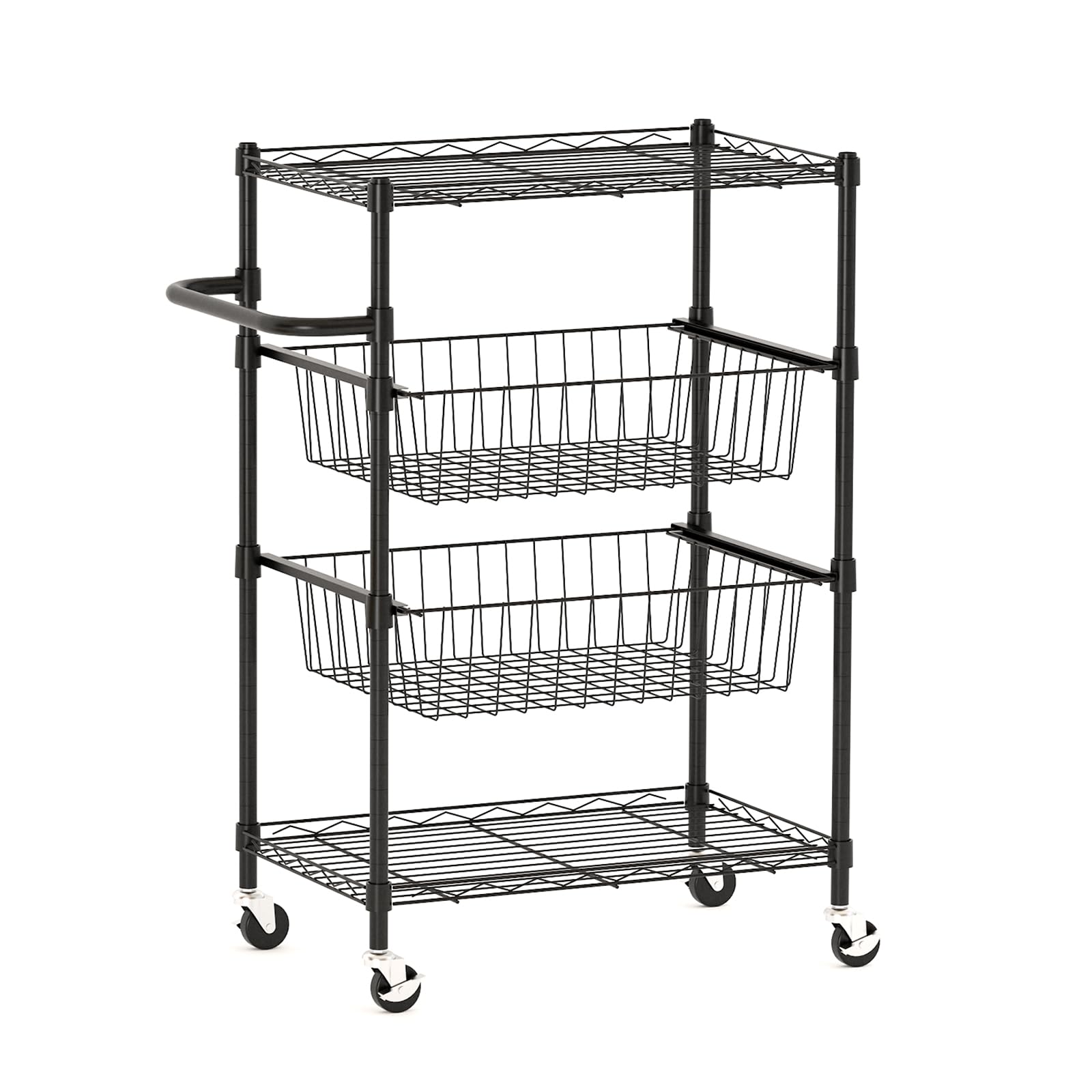 Carrello da cucina in metallo Garvee a 4 ripiani con maniglia, capacità di carico 110 libbre, ripiani in filo metallico aperto, 2 ruote bloccabili, utilizzo versatile, metallo, argento