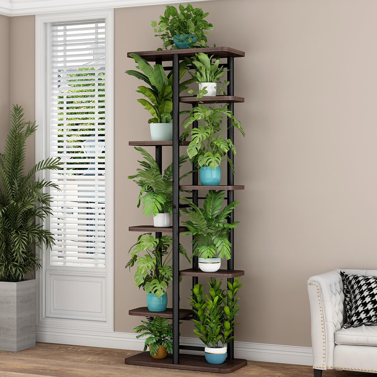 Garvee 8 ripiani per fiori, portavasi in metallo e legno per giardino, balcone, terrazza, 136x36x23,5 cm, design a più livelli, nero