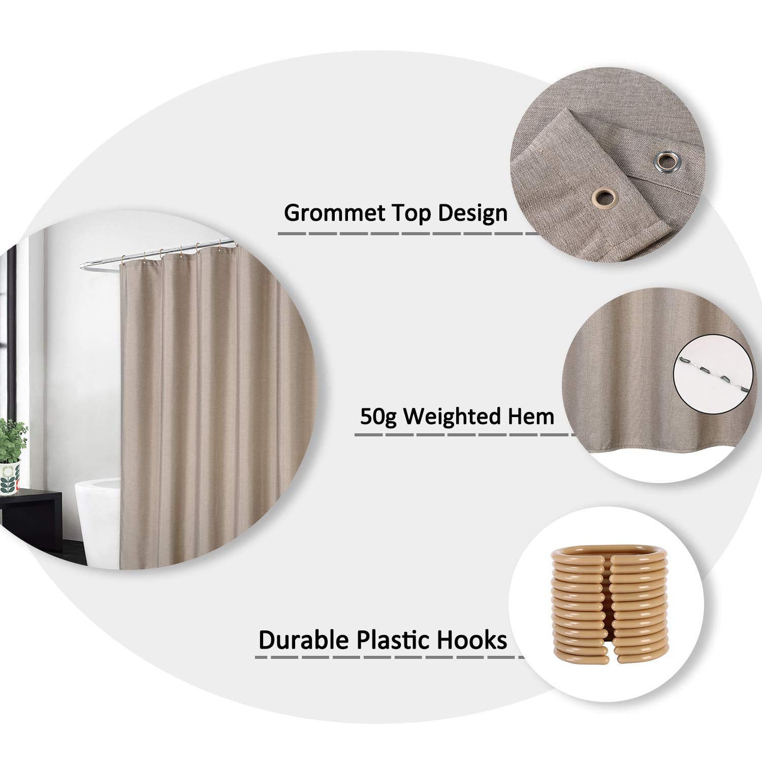 Garvee Duschvorhang Leinen-Look 240GSM Wasserabweisend Anti-Schimmel Polyester Mit Beschwerungsstreifen Rostfreie Ösen Light Coffee 48x78 Zoll Badezimmer