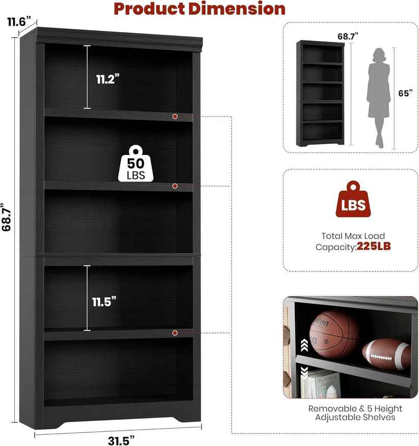 Garvee Libreria Rustica Alta 190,5 cm, 2-6 Ripiani Regolabili, MDF Robusta, Elegante, Antiribaltamento, Soggiorno e Studio, Neutro