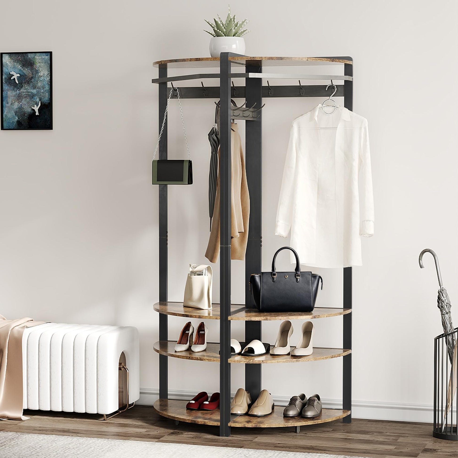 Armadio angolare Garvee con scarpiera, 6 ganci doppi, legno, robusta struttura antiribaltamento per corridoio e ingresso, salvaspazio, 70,8 pollici, marrone