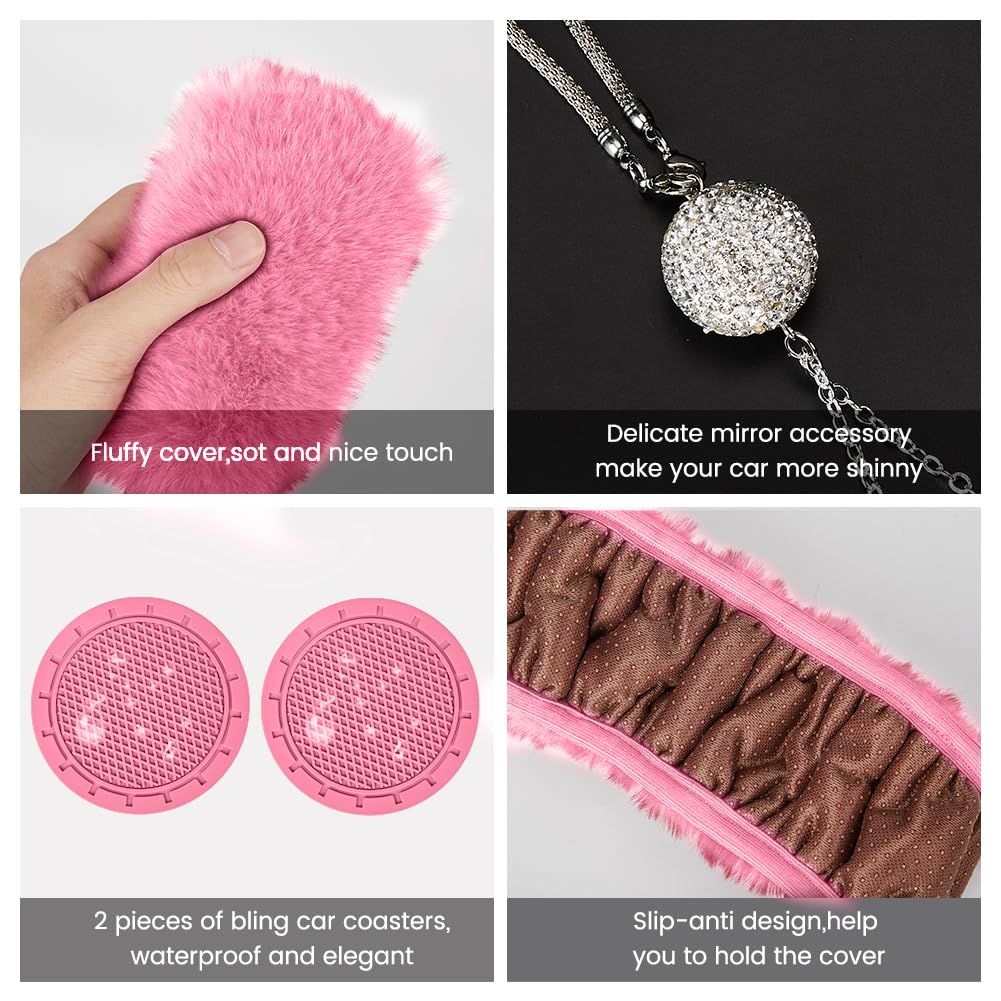 Garvee - Set di 6 coprivolanti in peluche per donna, accessori per auto, rosa, morbidi e brillanti, diametro del volante 38 cm