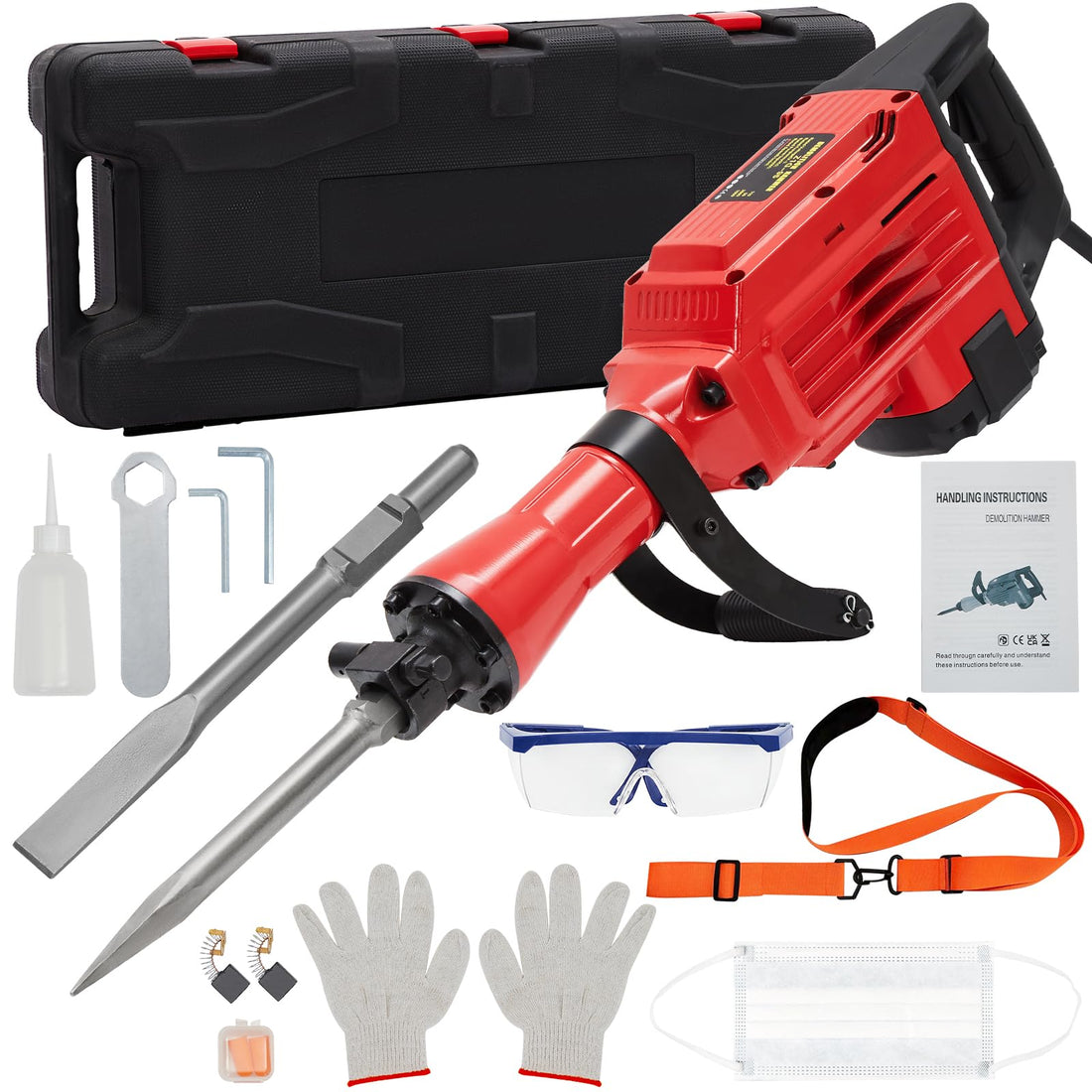 Martello demolitore rotante Garvee 2200W Martello scalpellatore 65A - Set da 6 pezzi con 3 punte per scalpello, custodia per il trasporto e guanti da lavoro per calcestruzzo e muratura