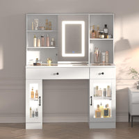 Tavolo da toeletta Garvee con specchio a LED, prese e spazio per camera da letto, bianco, illuminazione a 3 colori, 2 cassetti e 2 armadietti