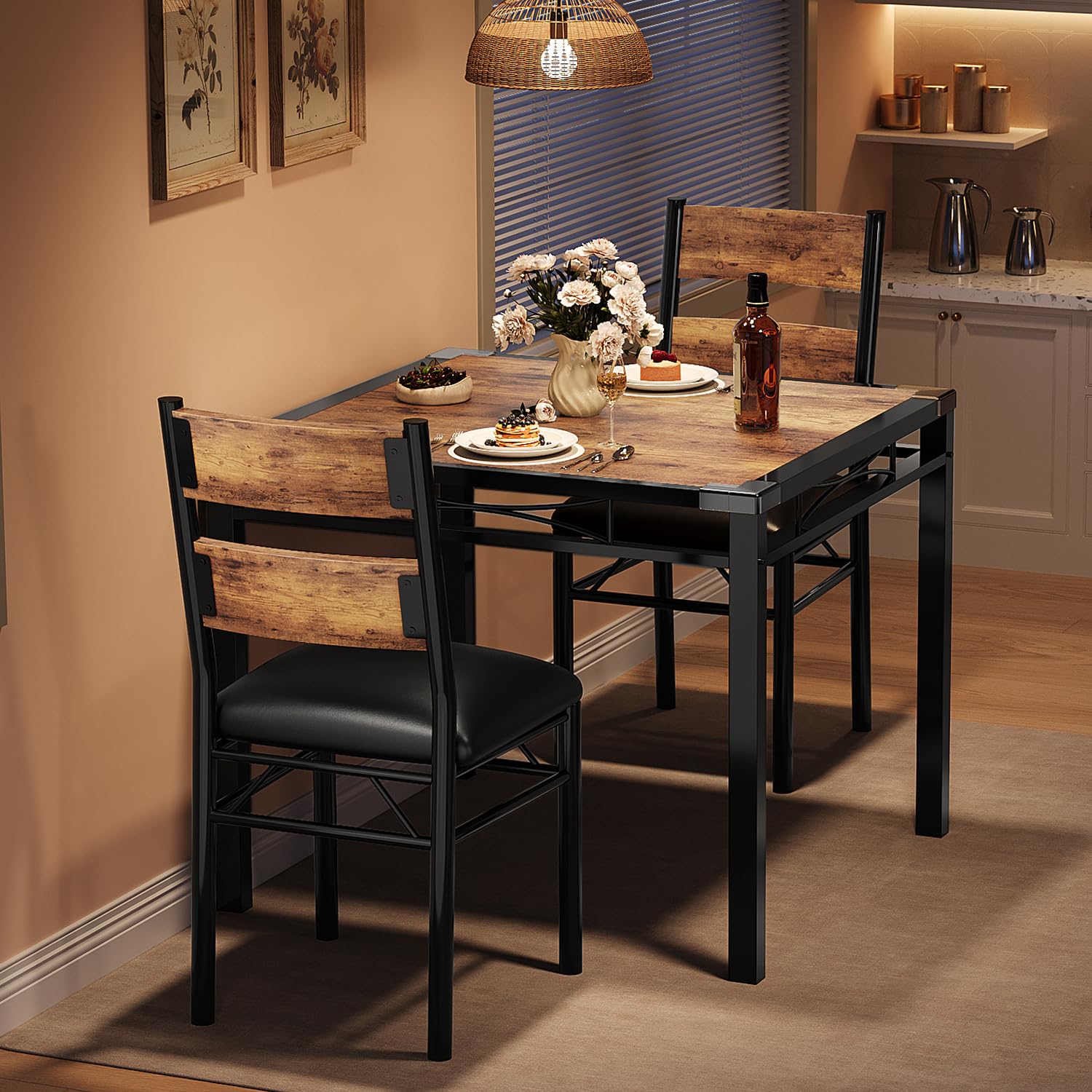 Set da pranzo Garvee per 2 persone con sedie imbottite, protezioni angolari, robusto legno MDF, ergonomico, salvaspazio, marrone, cucina e appartamento