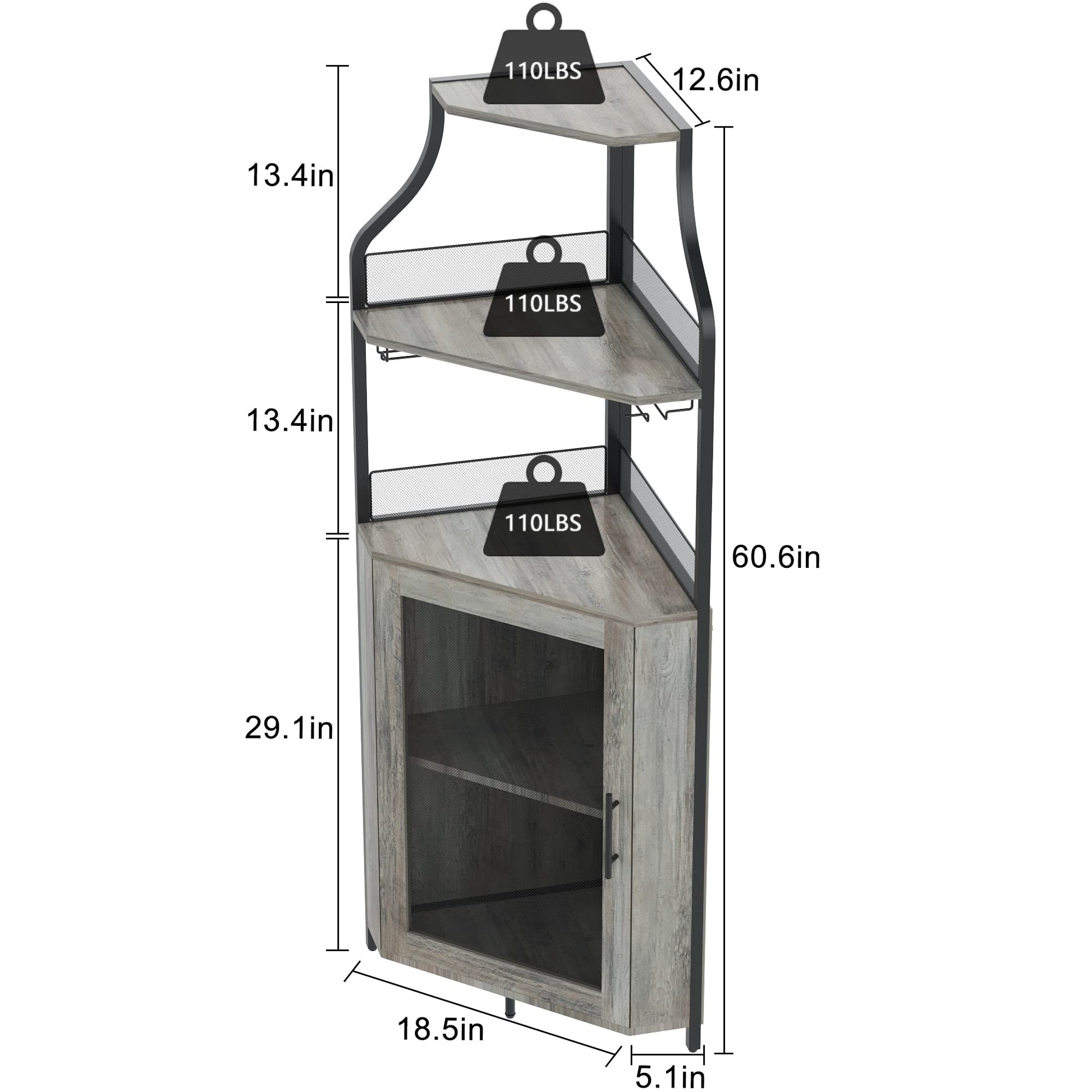 Mobiletto angolare Garvee con 5 ripiani, ripiani regolabili, MDF e metallo, anta a battente, grigio, per cucina e sala da pranzo, 47 x 45 x 152 cm