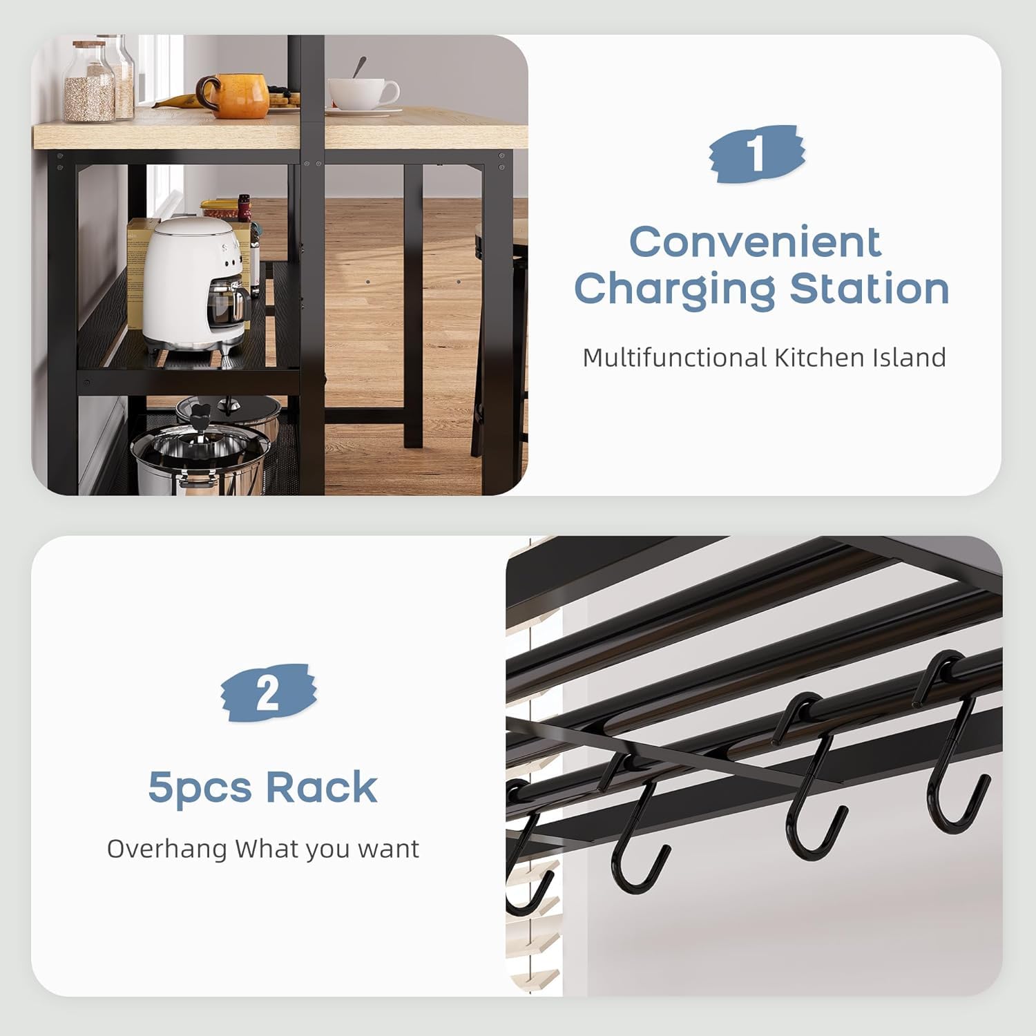 Scaffale da cucina Garvee Kitchen Island con 3 ripiani, 5 ganci, legno massello e metallo, supporto per microonde, 43,7x27,9x72 cm, sala da pranzo e soggiorno