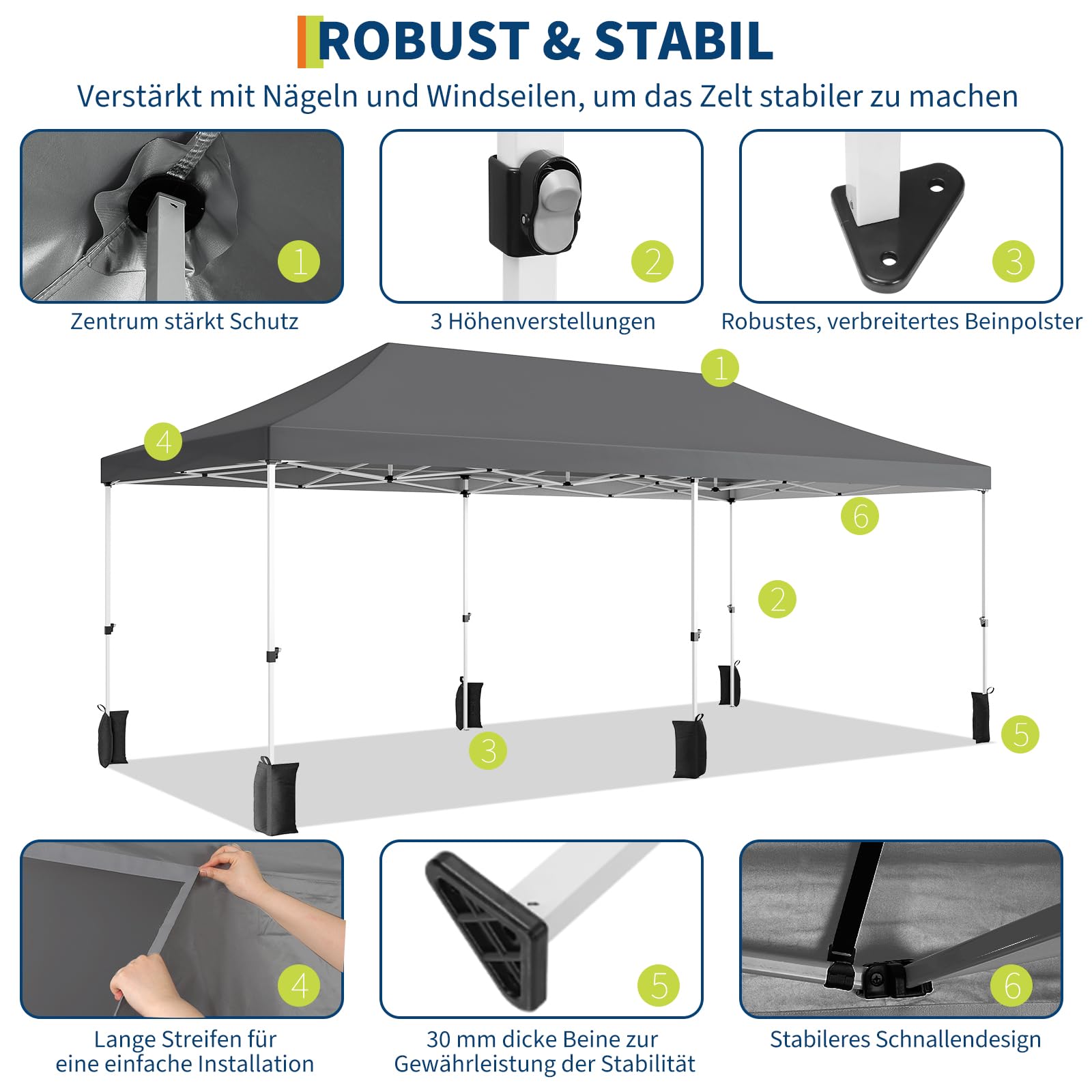 Gazebo 3x6M pieghevole Garvee Heavy Duty tenda a baldacchino con 6 pannelli laterali rimovibili per feste commerciali, altezza regolabile, grigio