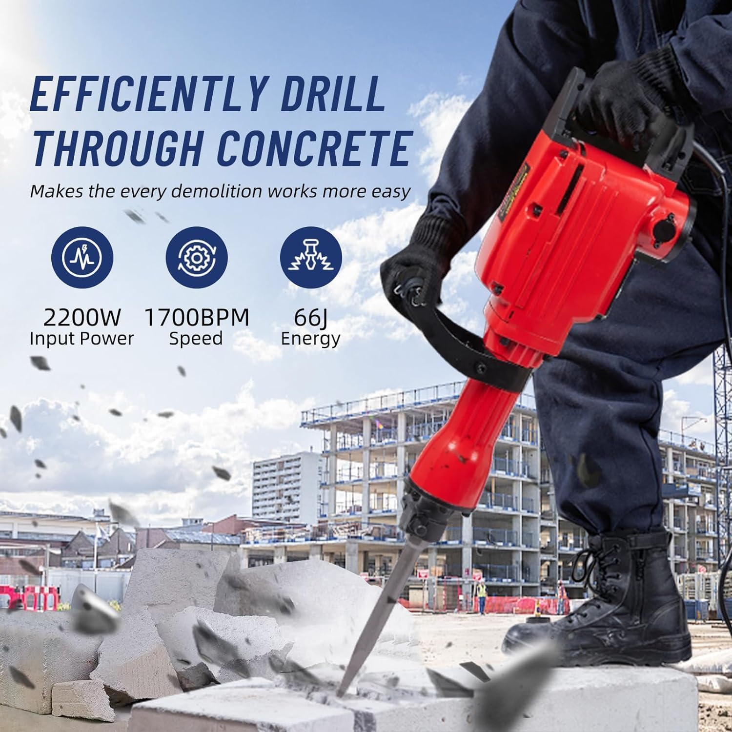 Martello demolitore rotante Garvee 2200W Martello scalpellatore 65A - Set da 6 pezzi con 3 punte per scalpello, custodia per il trasporto e guanti da lavoro per calcestruzzo e muratura