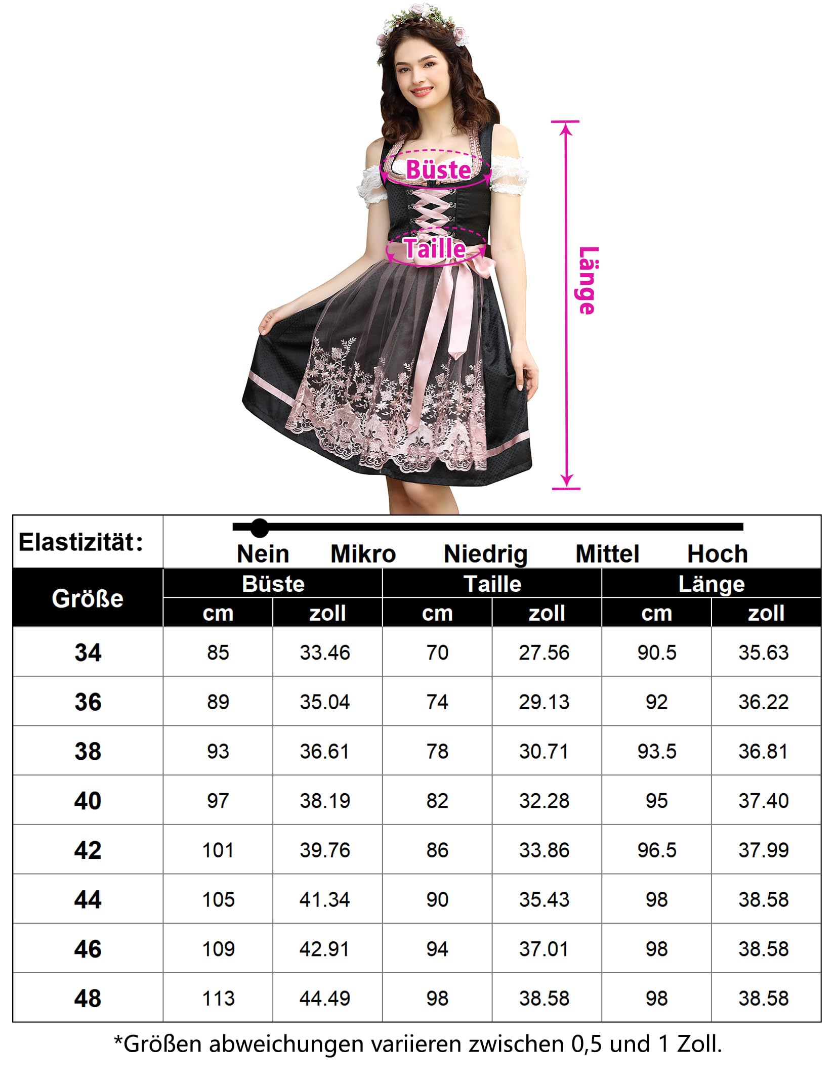 Garvee Dirndl, abito tradizionale midi da donna, set completo da 3 pezzi per l'Oktoberfest e le feste popolari, taglie 34-48, nero, 44