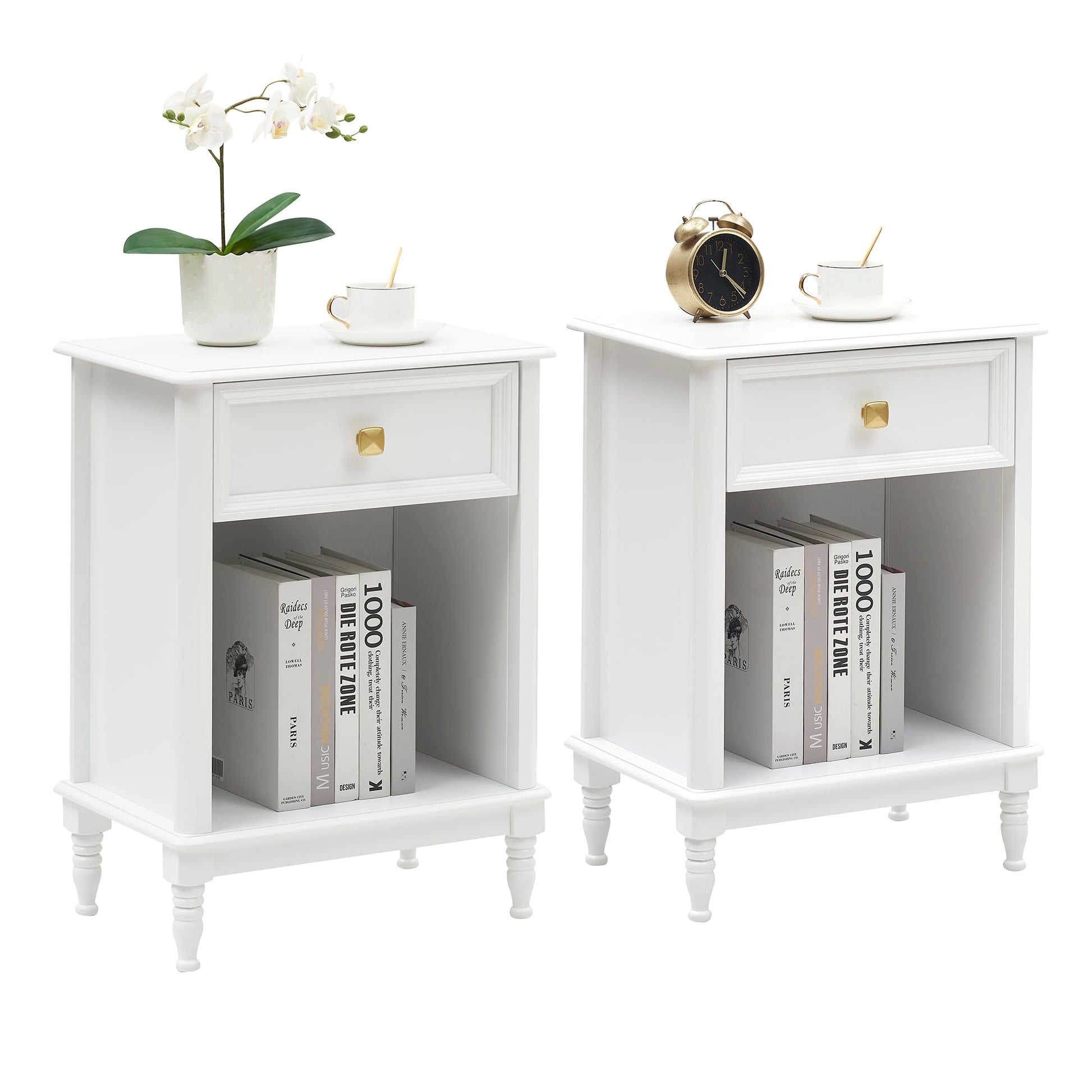Garvee Set 2 Tavolini Ausiliari Bianchi in MDF con Cassetto e Ripiano, Ideali per Soggiorno e Camera, Design Compatto e Funzionale, Facili da Montare