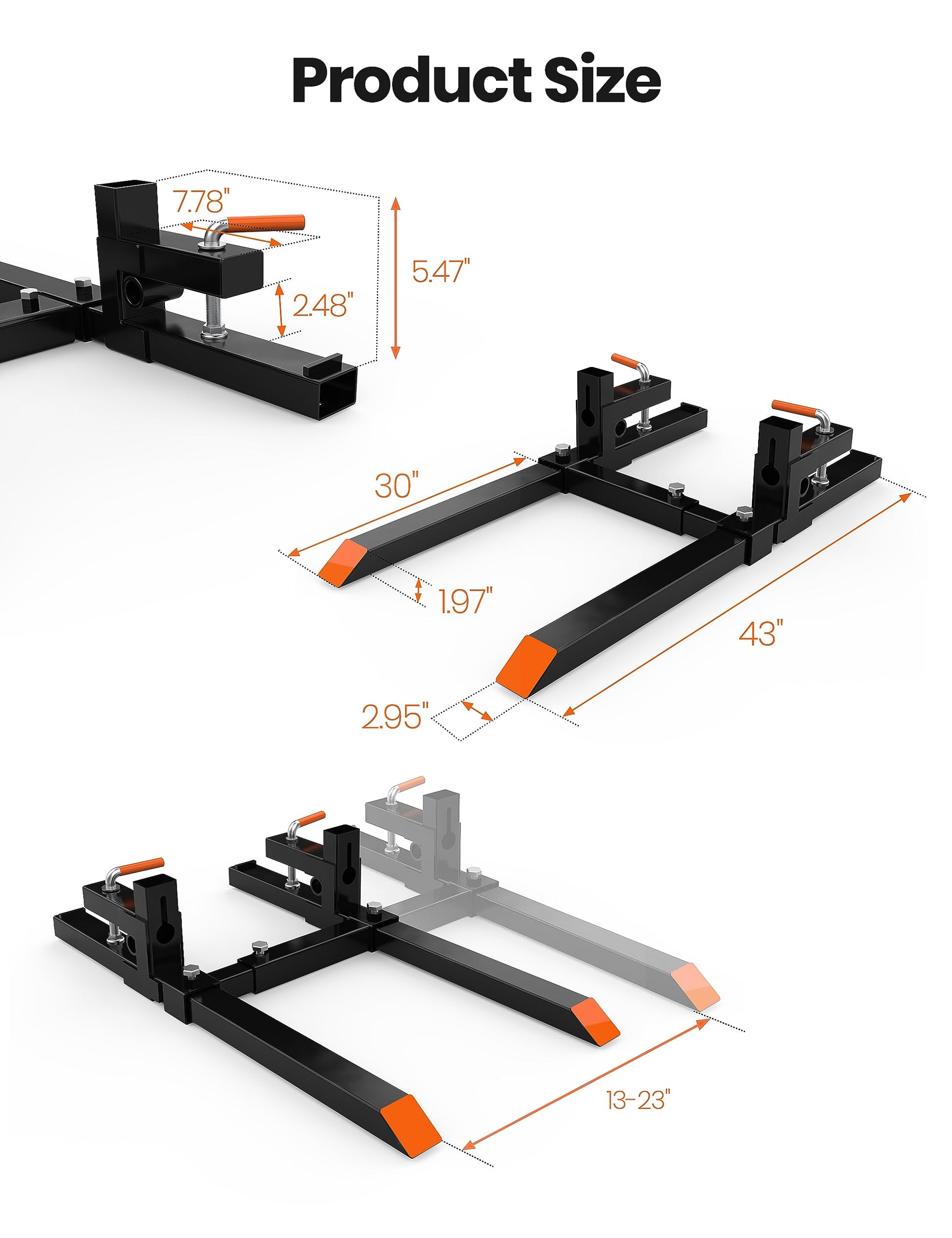 Forche per pallet Garvee da 43" con capacità di carico di 2000 libbre, barra stabilizzatrice regolabile in acciaio robusto per benna per trattore, agricoltura