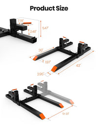 Forche per pallet Garvee da 43" con capacità di carico di 2000 libbre, barra stabilizzatrice regolabile in acciaio robusto per benna per trattore, agricoltura