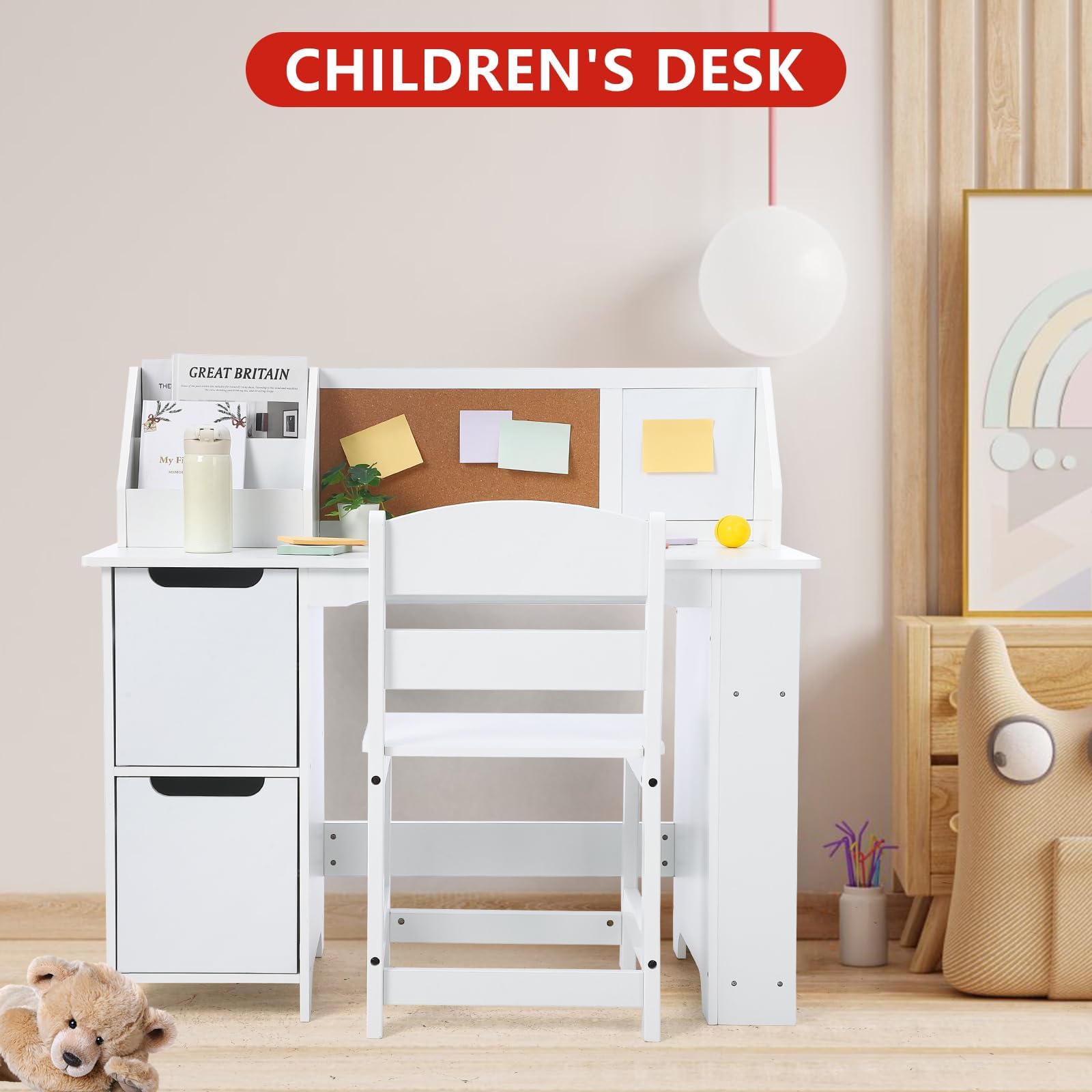 Set da scrivania in legno per bambini Garvee con contenitore, bacheca, sedia ergonomica per casa e scuola, bianco