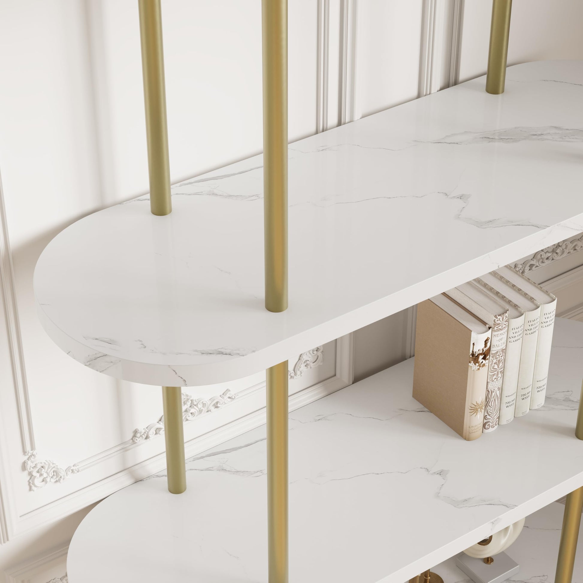 Scaffale ad arco Garvee da 71" con struttura in metallo a 5 ripiani, colore bianco marmo dorato, per soggiorno, ufficio, camera da letto, robusto e sicuro.