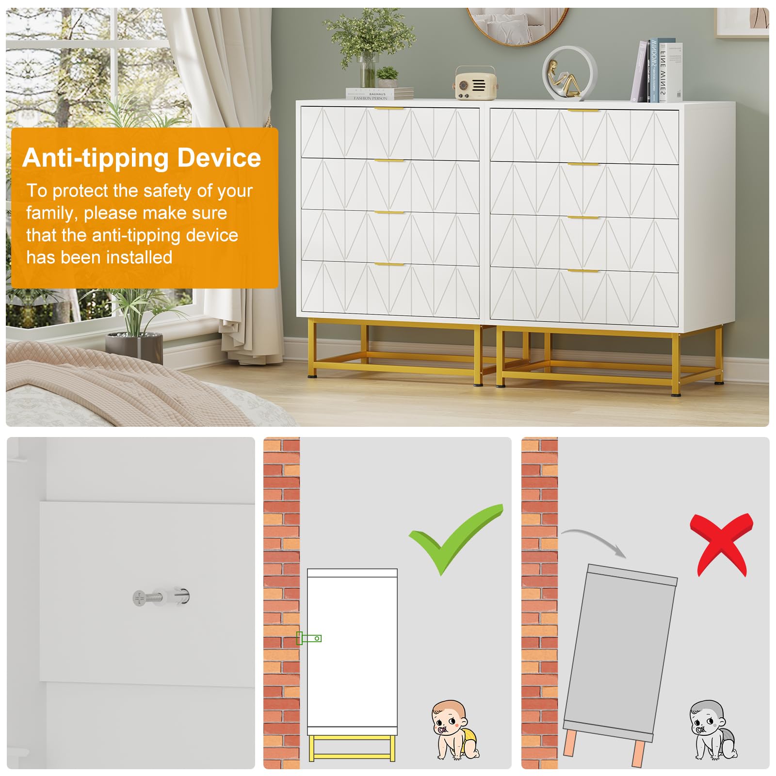 Cassettiera Garvee a 4 cassetti con ampio spazio di archiviazione, legno MDF, gambe in metallo dorato per camera da letto e corridoio, moderna, robusta, antigraffio