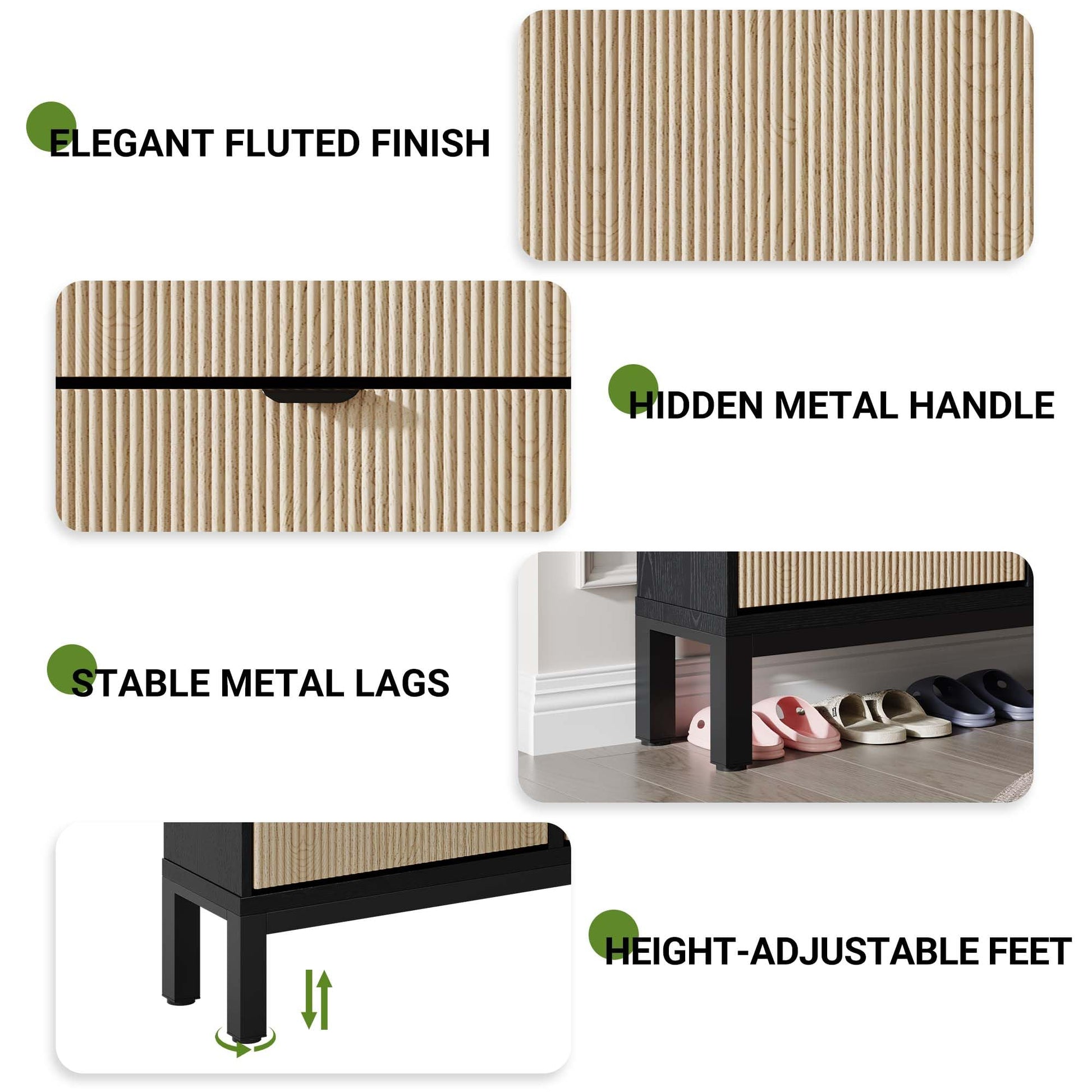 Scarpiera Garvee con 4 scomparti a ribalta, design scanalato in stile rustico, gambe in metallo, stretta, per corridoio e ingresso, nera