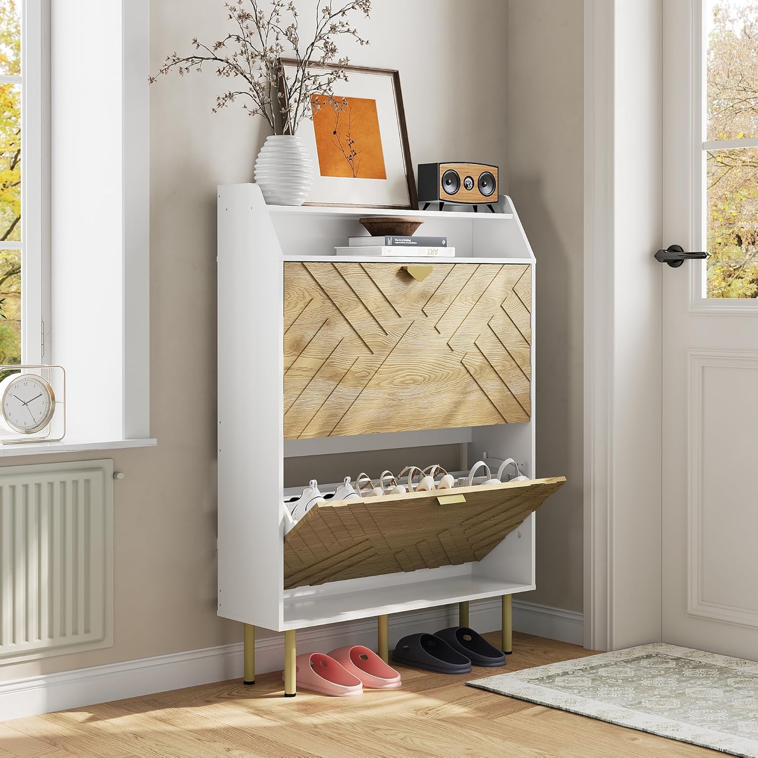 Scarpiera Garvee con 2 cassetti a scomparsa, organizer per scarpe stretto per corridoio e ingresso, legno bianco, indipendente, robusto, salvaspazio