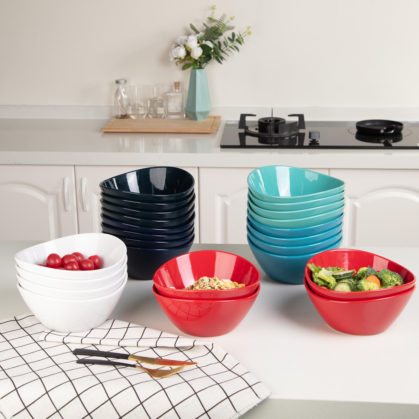 Garvee Set di 4 grandi piatti ovali in porcellana da 42 once, 8 pezzi, bianchi, ergonomicamente impilabili per la cucina e la tavola