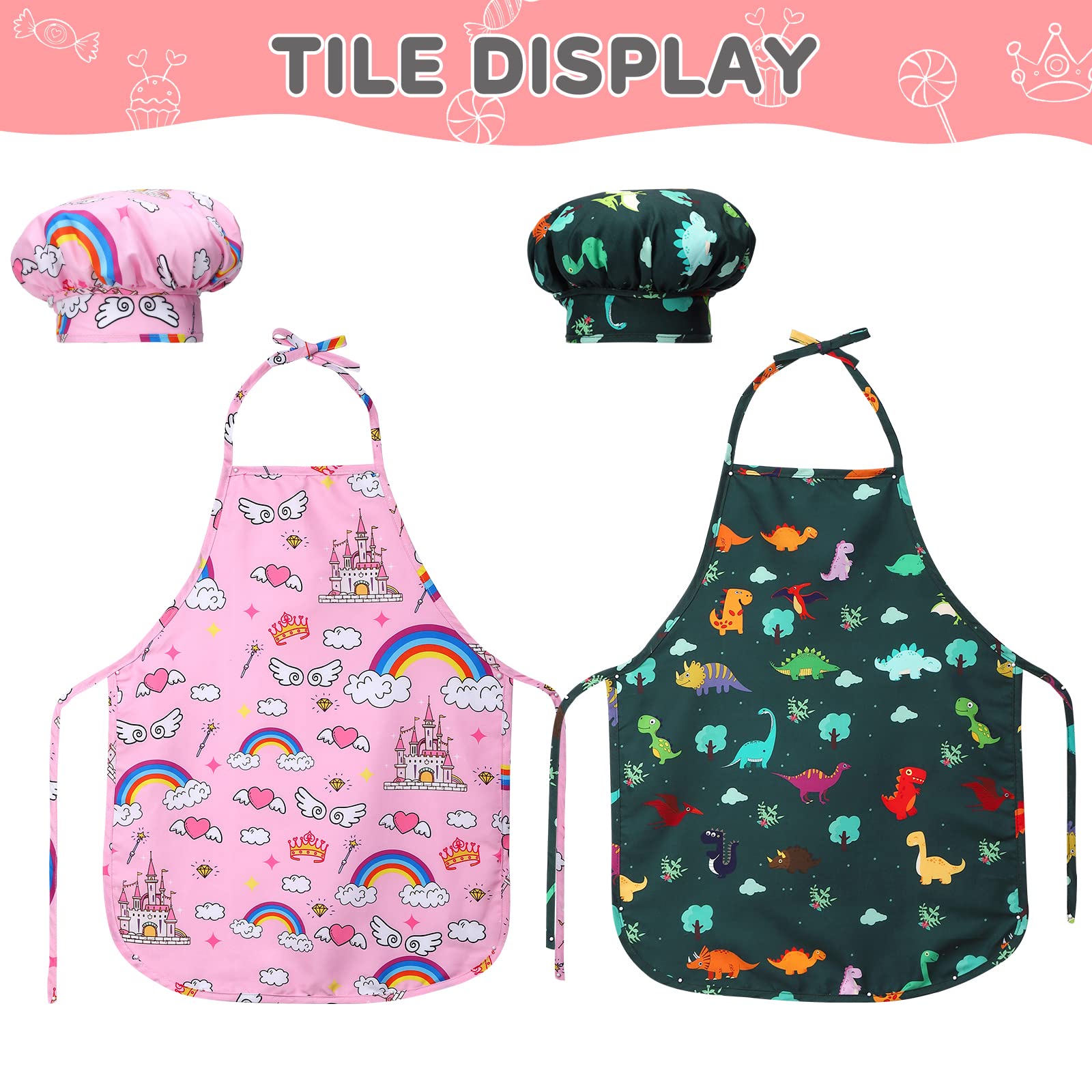 Garvee Set 2 Pezzi Costume Cucina Bambini, Schürze e Mütze in Pfirsichfleece, Rosa e Verde, Gioco di Ruolo, Regalo Perfetto