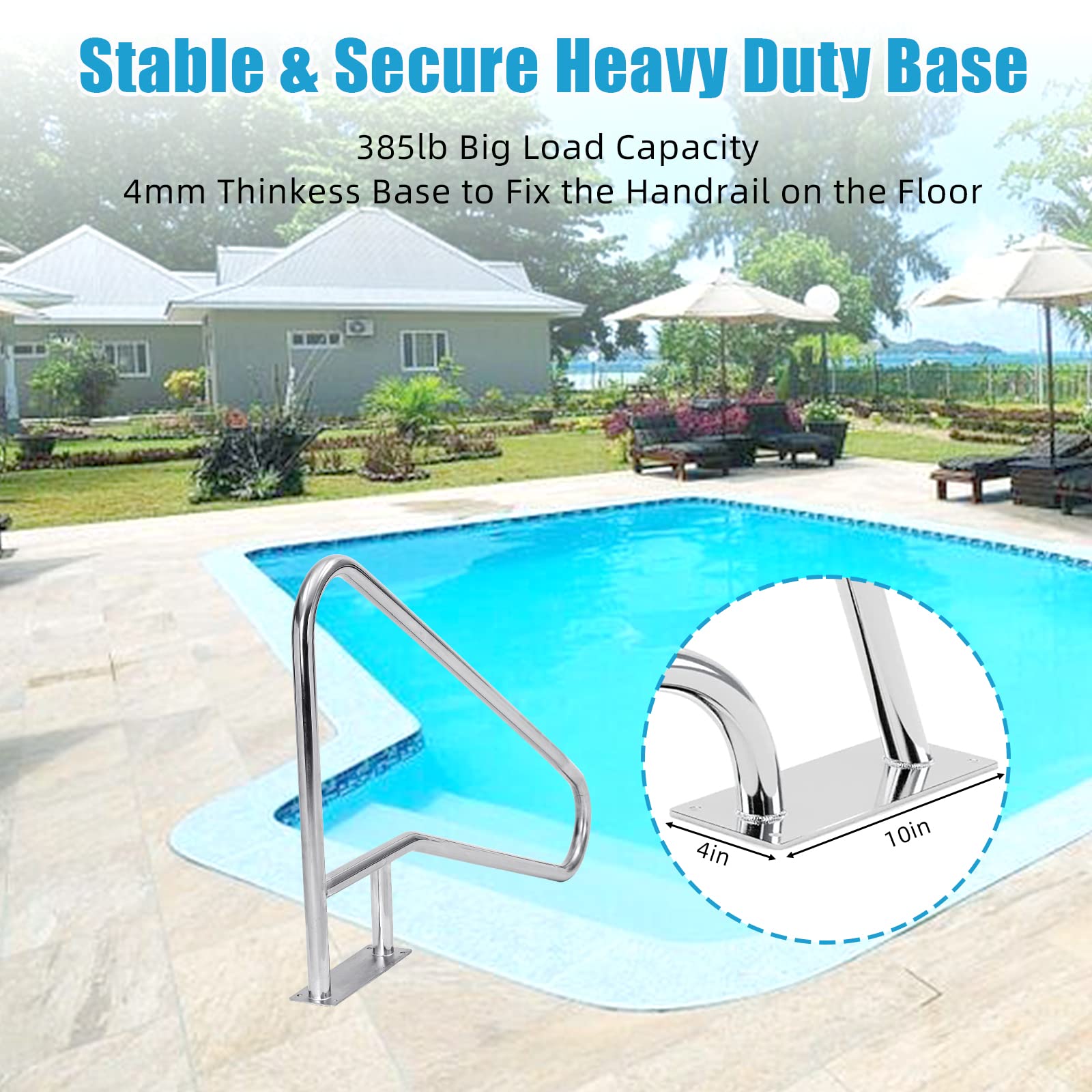 Corrimano per piscina Garvee 55"x32" in acciaio inossidabile 304, antiruggine, maniglia blu, base robusta per piscine interrate, capacità di carico di 385 libbre