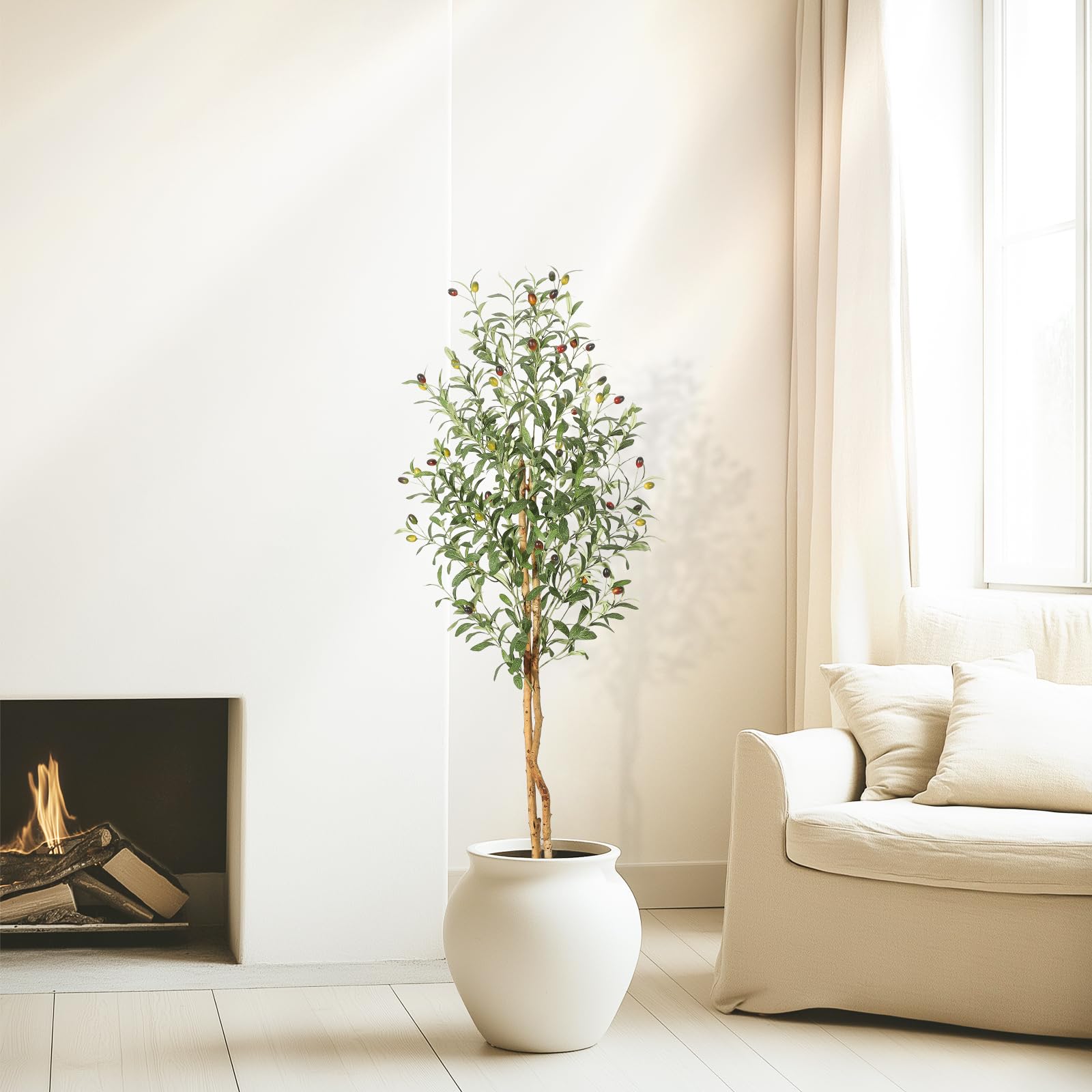 Albero di ulivo artificiale Garvee da 1,5 m con 2 tronchi di legno e vaso di cemento bianco per la decorazione di soggiorno e ufficio, rami regolabili, 864 foglie di seta