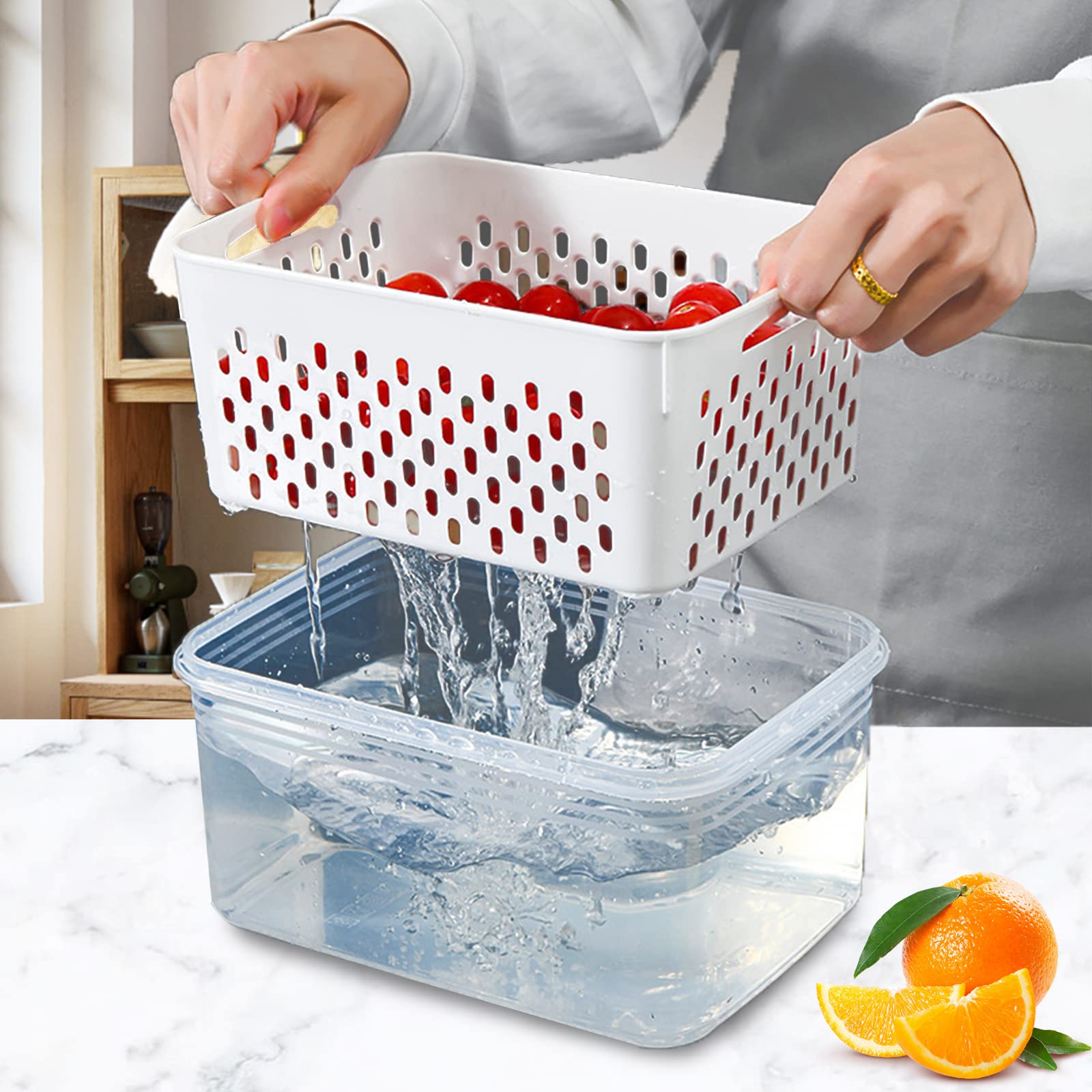 Contenitore per alimenti Garvee da 3 pezzi per frutta e verdura con cestello filtrante, coperchio ermetico, plastica, organizer per frigorifero, uso versatile
