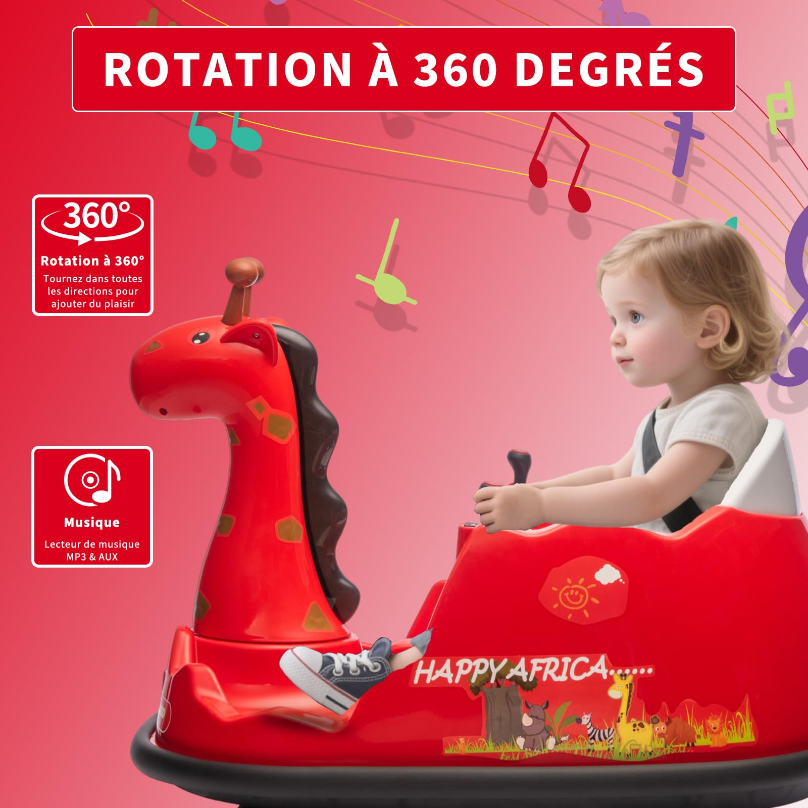 Auto elettrica per bambini Garvee Kids con rotazione a 360°, design a forma di giraffa, rossa con LED, per bambini dai 3 anni in su