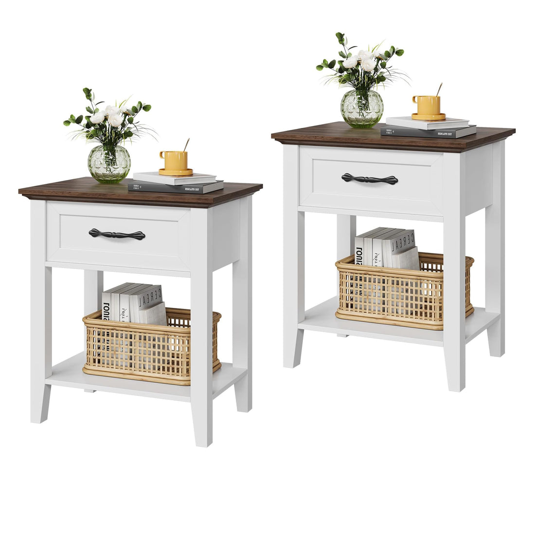 Tavolino Garvee con cassetto, 2 ripiani, legno, design moderno, bianco, per soggiorno e camera da letto