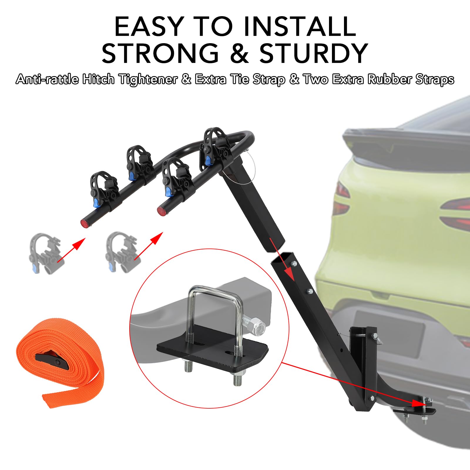 Portabici posteriore Garvee per 2 biciclette con stabilizzatore e cinghie, gancio di traino per bici elettriche, distanza tra i bracci 12,7-18,3 cm, nero