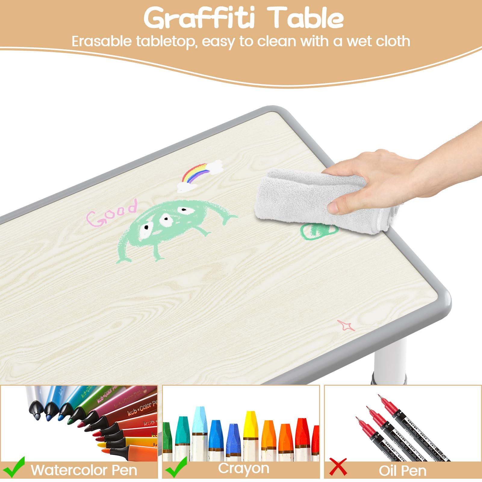 Set tavolo e 4 sedie per bambini Garvee, altezza regolabile con piano del tavolo decorato con graffiti, gambe antiscivolo per casa e asilo