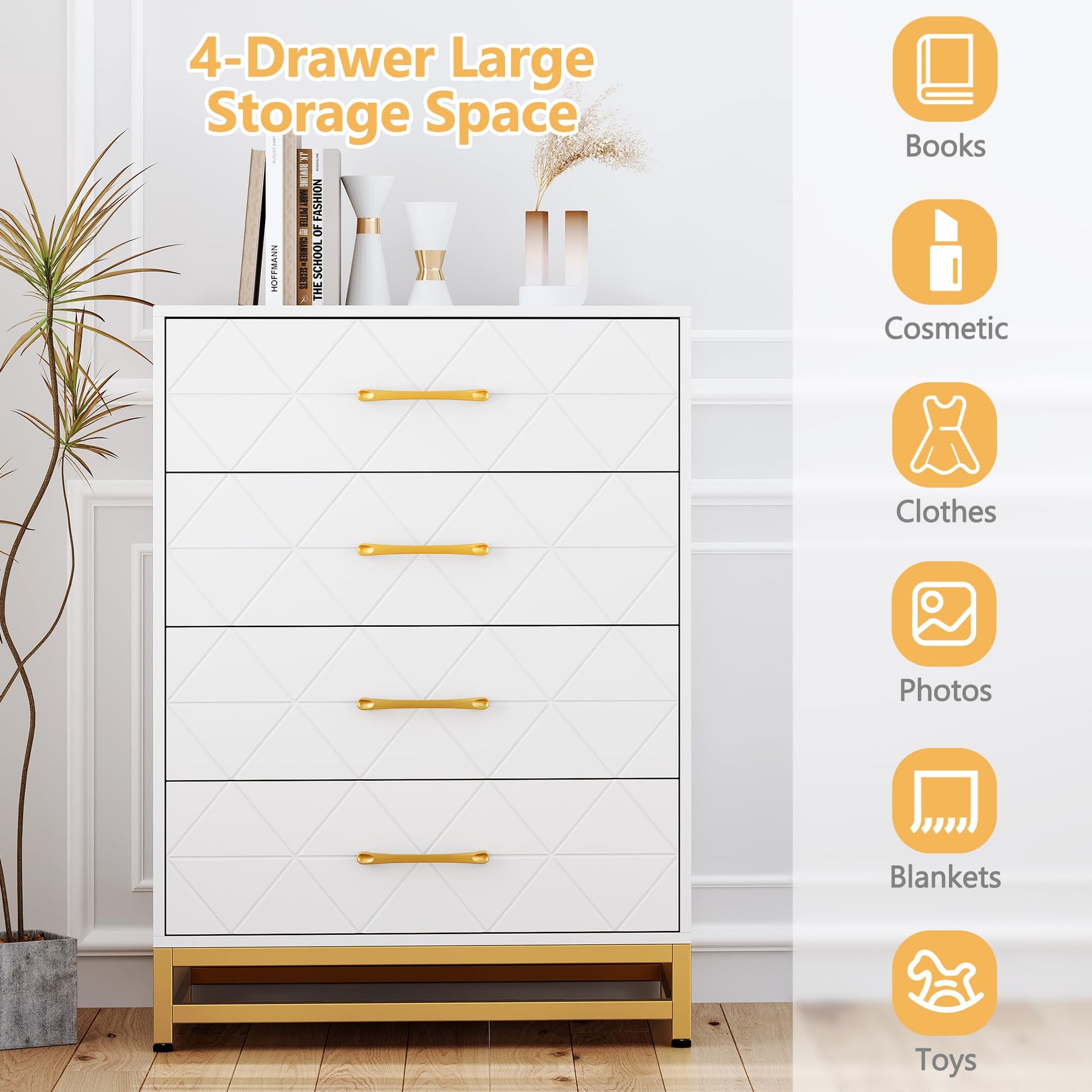 Cassettiera Garvee per camera da letto, 4 cassetti, moderna, maniglie in metallo, legno MDF, bianco, robusta, ampio spazio per l'archiviazione, per ufficio o soggiorno