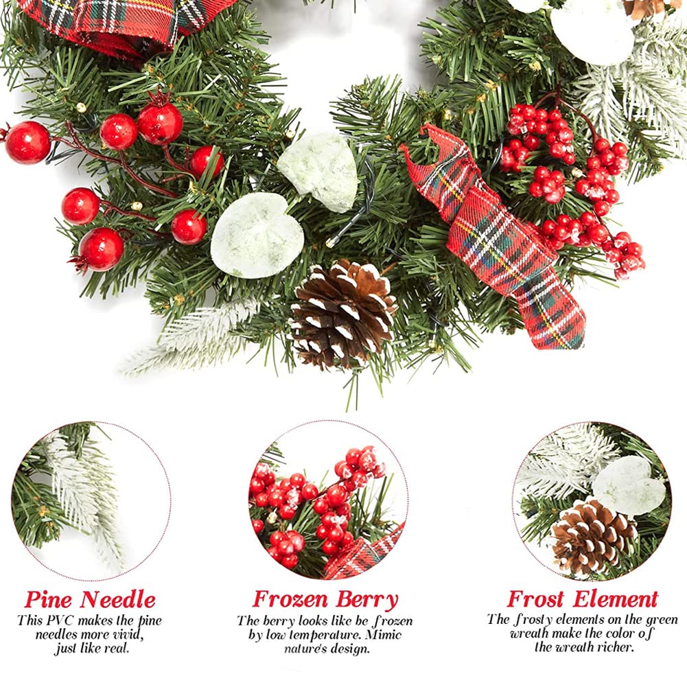 Ghirlanda natalizia GARVEE da 45 cm con 15 luci LED, pigne e bacche per la decorazione di porte e finestre, materiali naturali, stile festoso del bosco