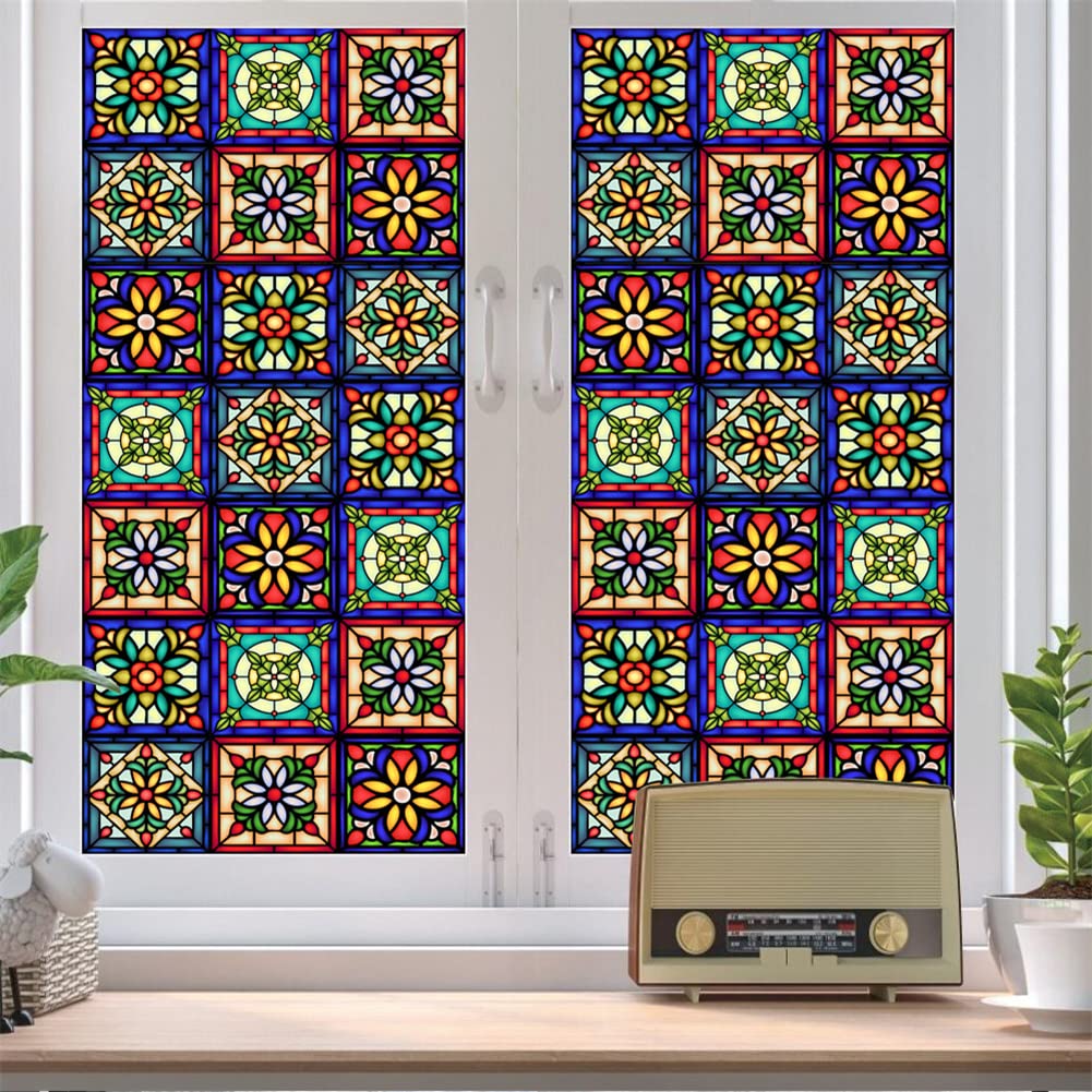 GARVEE Pellicola per vetri colorati Fiori retrò Adesivi statici Non adesivi 60x100 cm Privacy decorativa per casa e ufficio