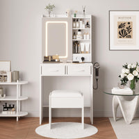 Tavolo da toeletta Garvee con illuminazione a LED e specchio, sgabello imbottito, 2 cassetti, 3 scomparti, stazione di ricarica, illuminazione dimmerabile, bianco/nero/rosa