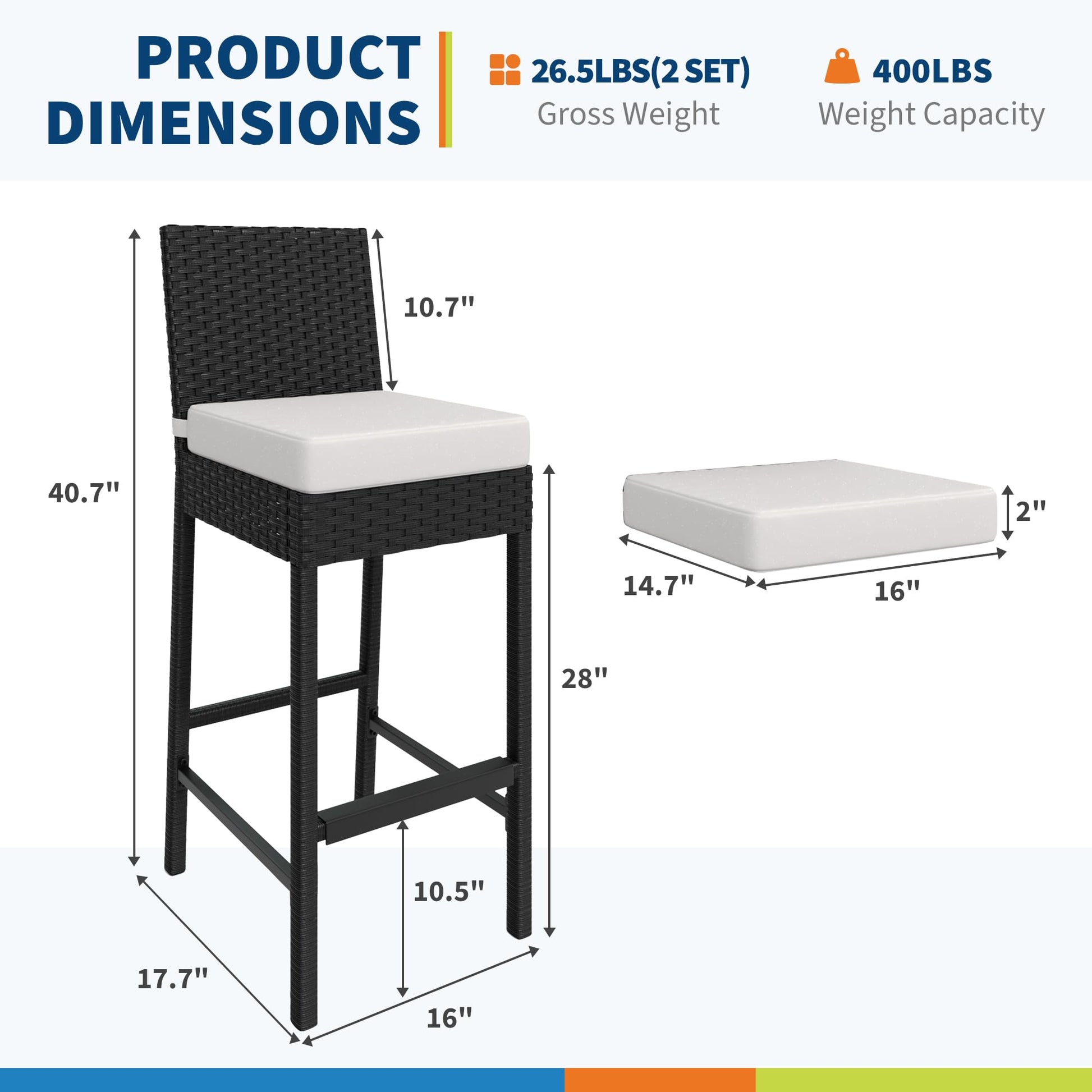 Set di 2 sgabelli da bar per esterni in vimini Garvee - Ergonomici e resistenti alle intemperie - Struttura in rattan PE e acciaio - Altezza seduta 28" - Per giardino e patio - Nero