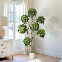 Albero di Schefflera artificiale Garvee da 5 piedi con ombrello e 5 tronchi, vaso di fiori in PE bianco per casa e ufficio