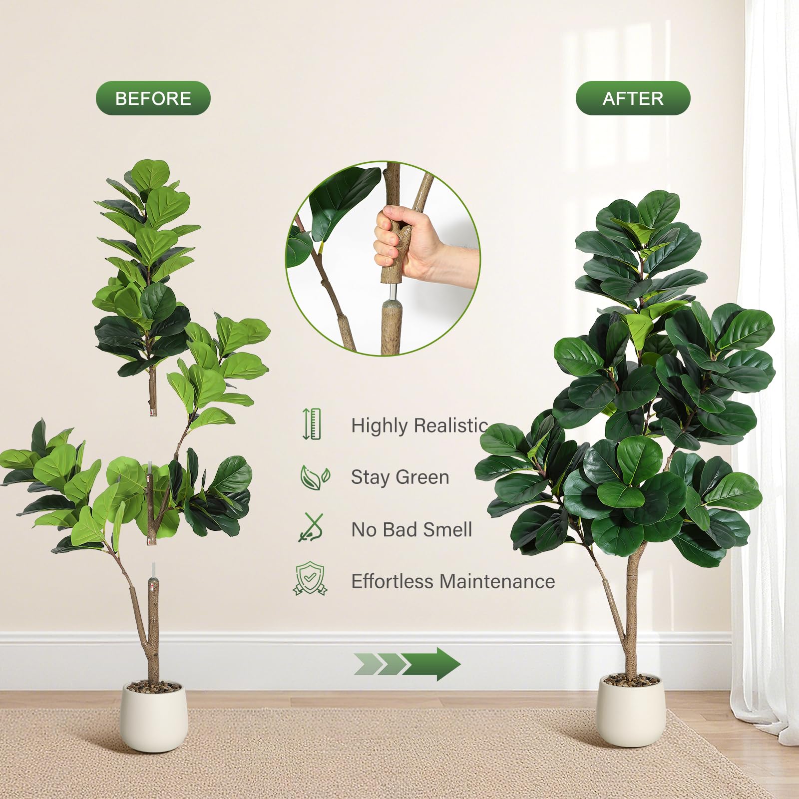Albero artificiale Garvee Ficus Lyrata da 5 piedi con vaso bianco per la decorazione del soggiorno, PVC+PE, base in cemento stabile, 77 foglie realistiche