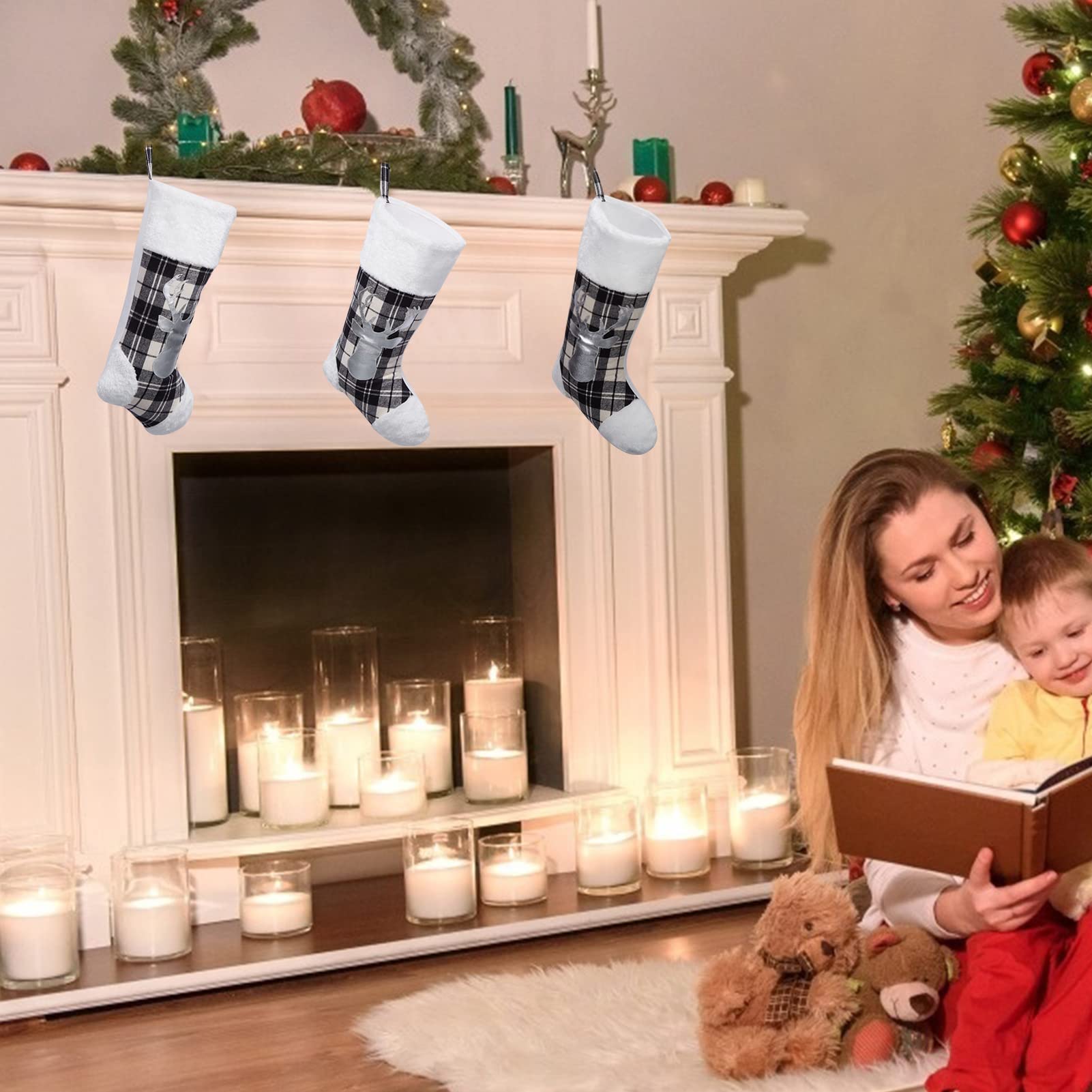Garvee Set di 3 calze natalizie a quadri Buffalo da 20" con risvolto in peluche per camino e albero di Natale, grandi, a quadri bianchi e neri