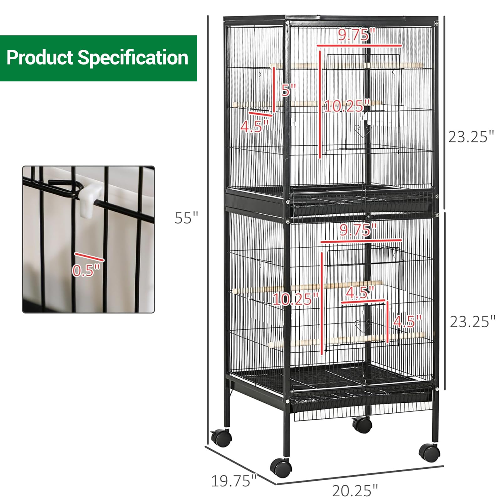 Gabbia per uccelli Garvee da 55" con trespoli in legno, metallo, 4 porte, ruote per uccelli di piccole e medie dimensioni, casa e veterinario, grande, nero