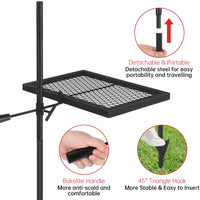 Griglia girevole per falò Garvee da 16,7'' x 12,6'' realizzata in robusto acciaio con rotazione a 360° e regolazione dell'altezza per barbecue all'aperto, picnic, giardino, nera