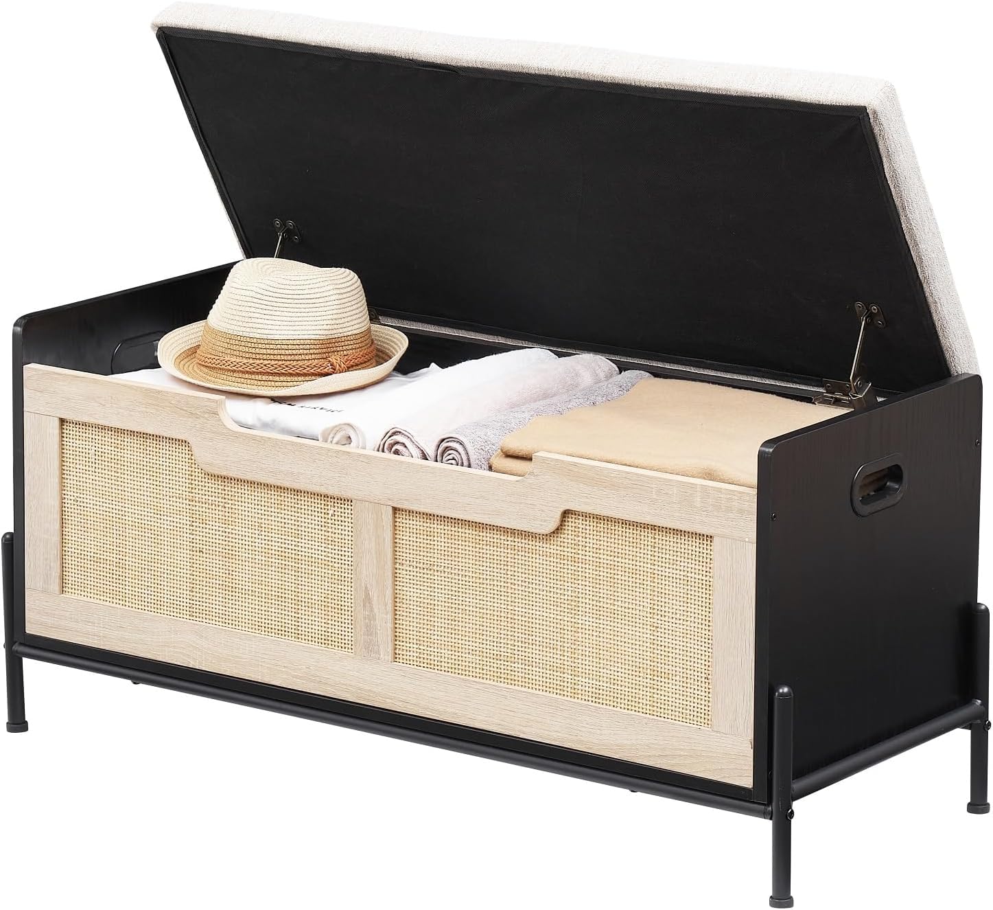 Garvee Panca Contenitore 39.4" in Rattan con Cuscino Nero e Rovere, Struttura Metallica Robusta, Maniglie Laterali Ergonomiche per Ingresso e Soggiorno