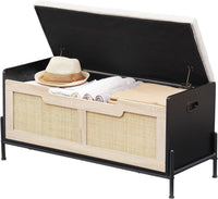Garvee Panca Contenitore 39.4" in Rattan con Cuscino Nero e Rovere, Struttura Metallica Robusta, Maniglie Laterali Ergonomiche per Ingresso e Soggiorno