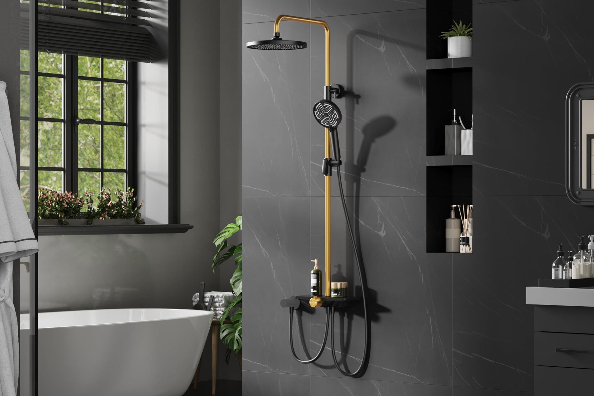 GARVEE Doccia a pioggia senza rubinetto con mensola, sistema doccia in acciaio inox, colonna doccia regolabile 74-114 cm, nero e oro, soffione da 25 cm